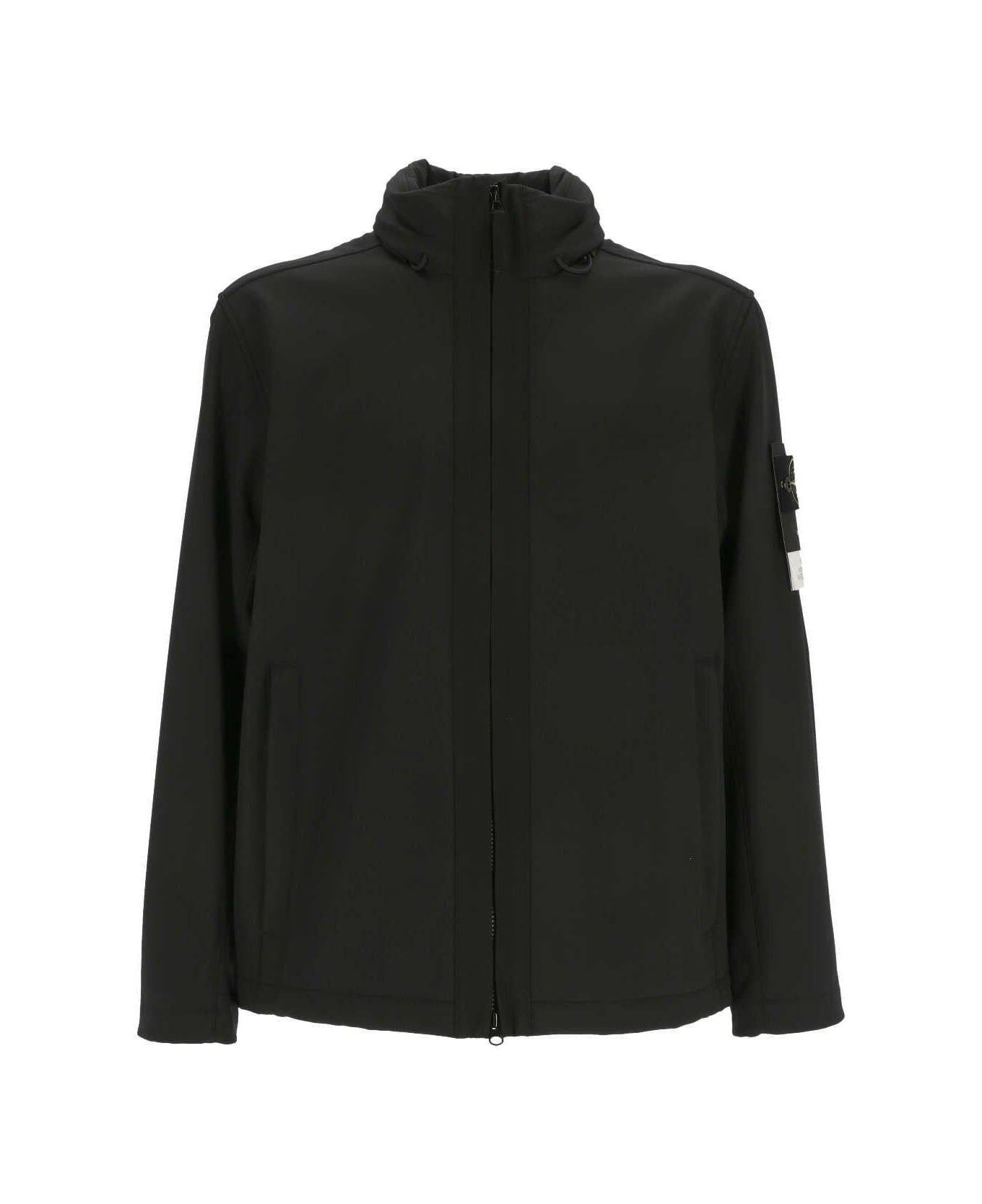 Stone Island Logo-patch Zipped Coat - BLACK