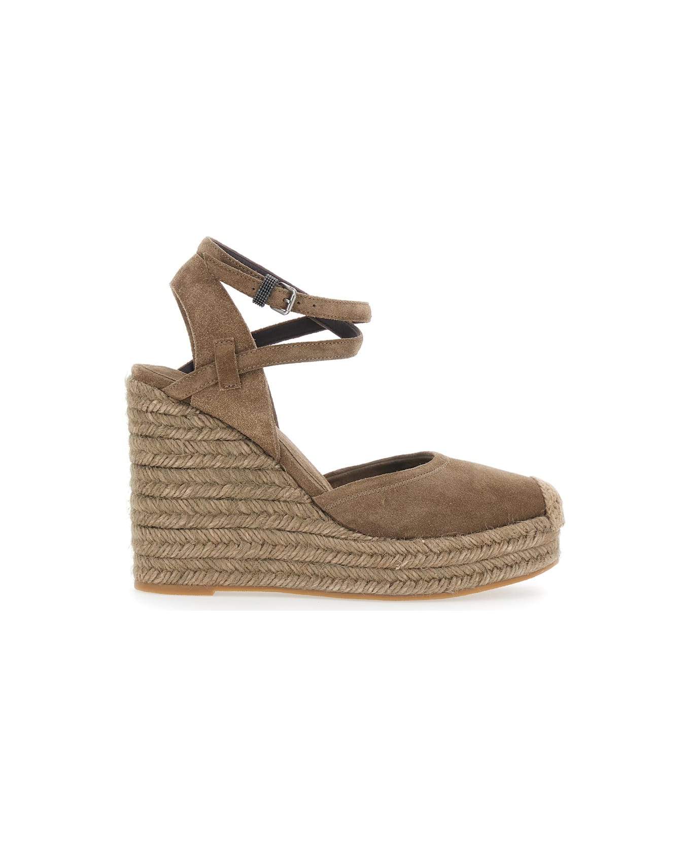 Brunello Cucinelli Brown Wedges With Ankle Strap And Round Toe In Suede Woman - Brown