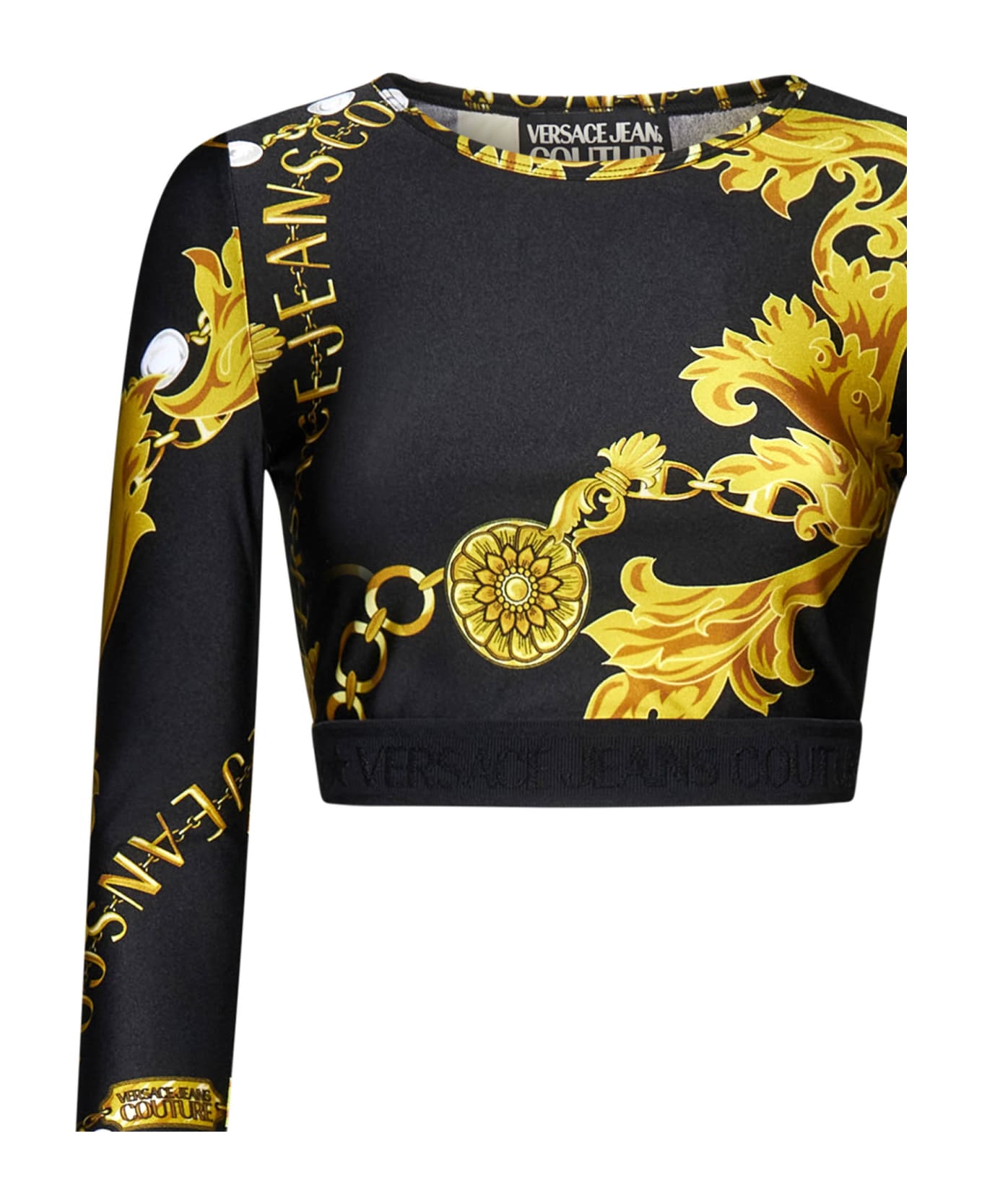 Versace Jeans Couture Logo Couture-print Crop Top - Black gold