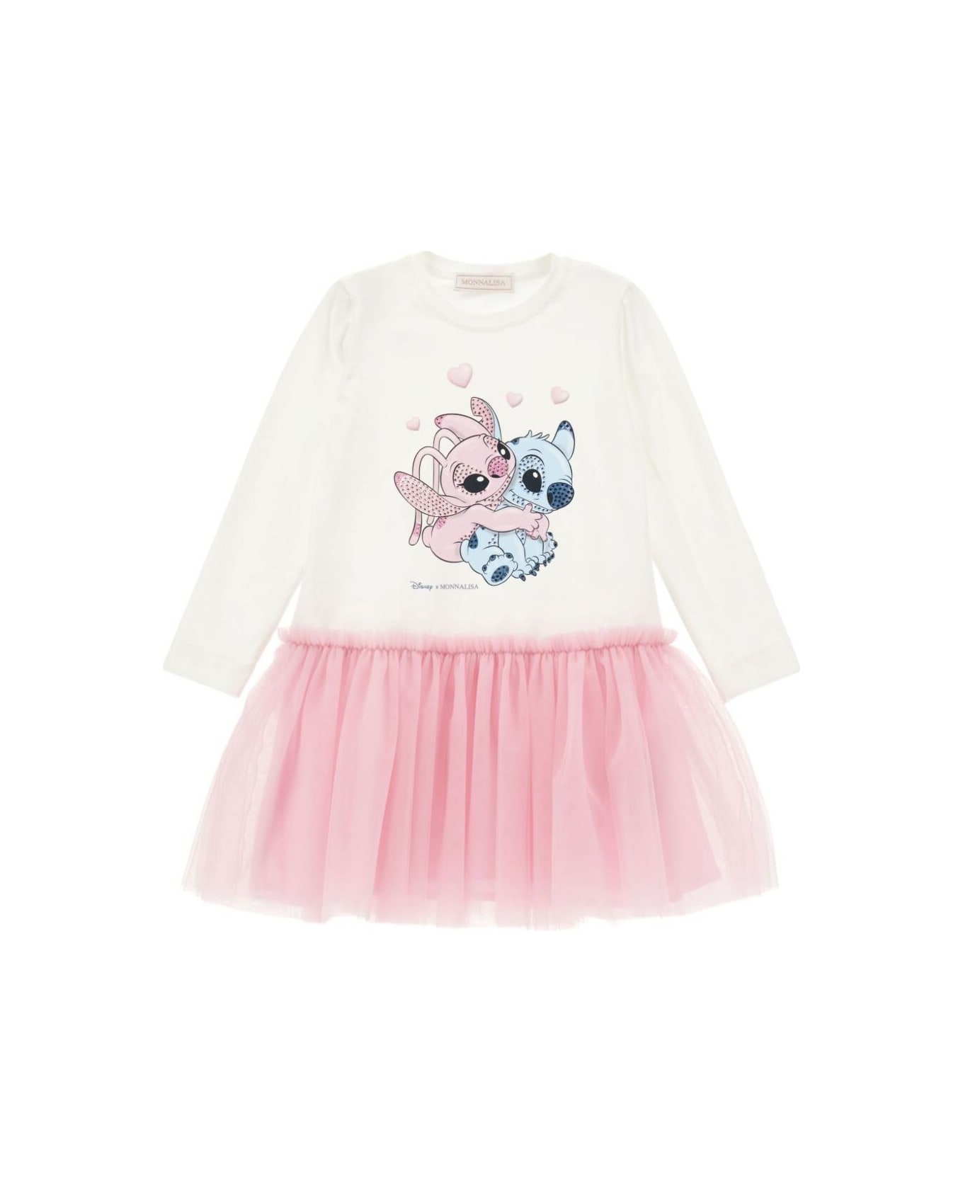 Monnalisa White Dress With Front Print And Built-in Skirt In Cotton Blend Baby - Multicolor