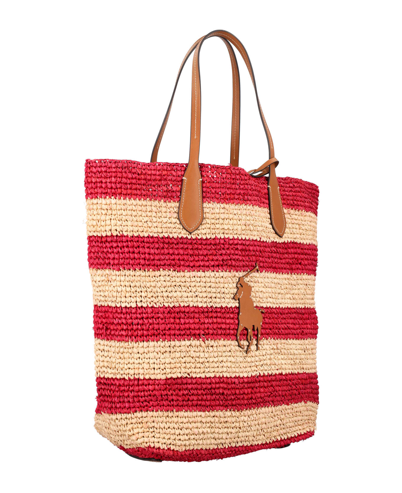 Polo Ralph Lauren Striped Straw Tote Bag - NATURAL RED トートバッグ