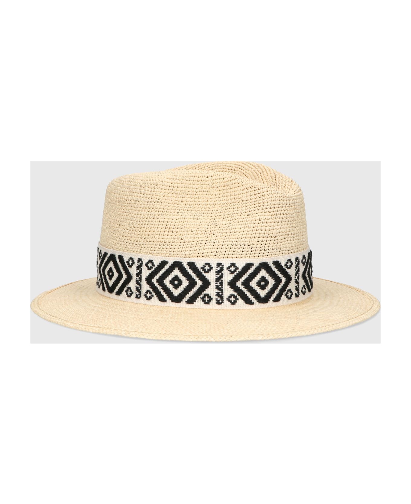 Borsalino Country Panama Semicrochet - NATURAL, PATTERNED BLACK/CREAM HAT BAND 帽子