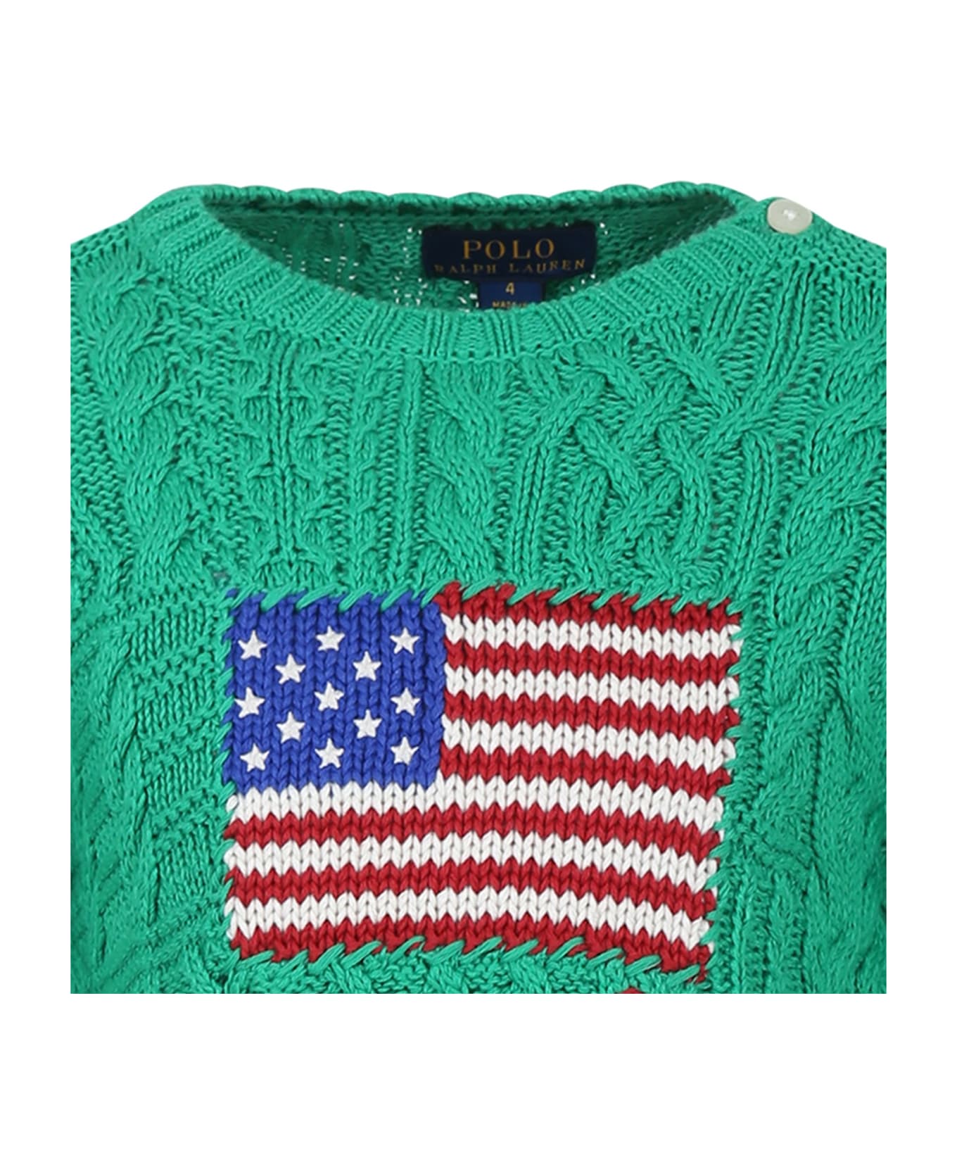 Ralph Lauren Green Sweater For Girl With Iconic Flag - Green
