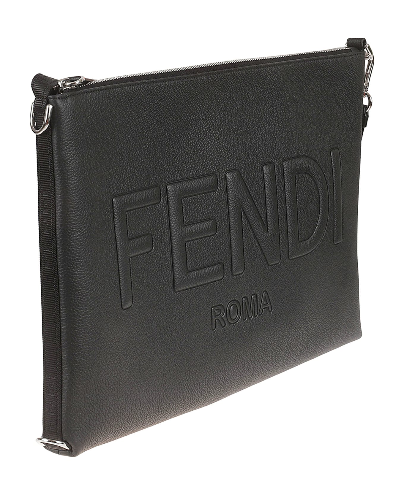 Fendi Logo Embossed Top Zip Clutch - Black/Palladio