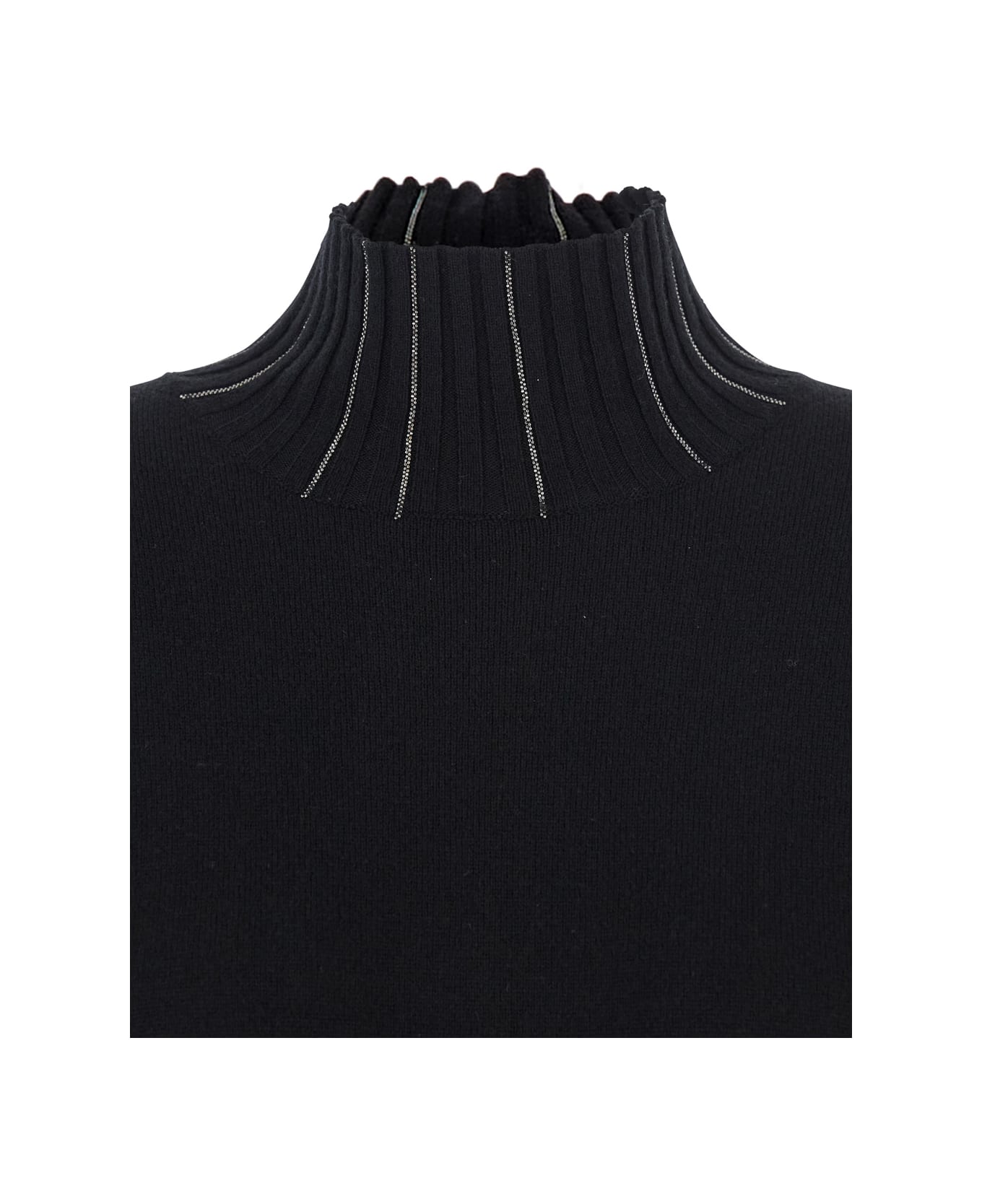 Fabiana Filippi Black High Neck Dress With Rhinestone Details In Wool Blend Woman - Black