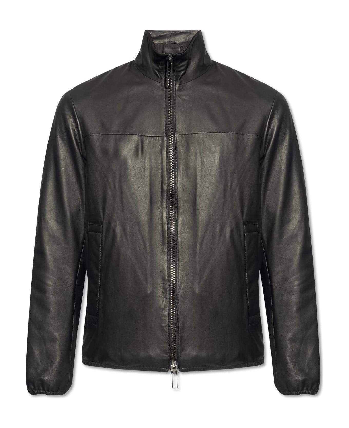 Emporio Armani Leather Jacket With Stand-up Collar - Black