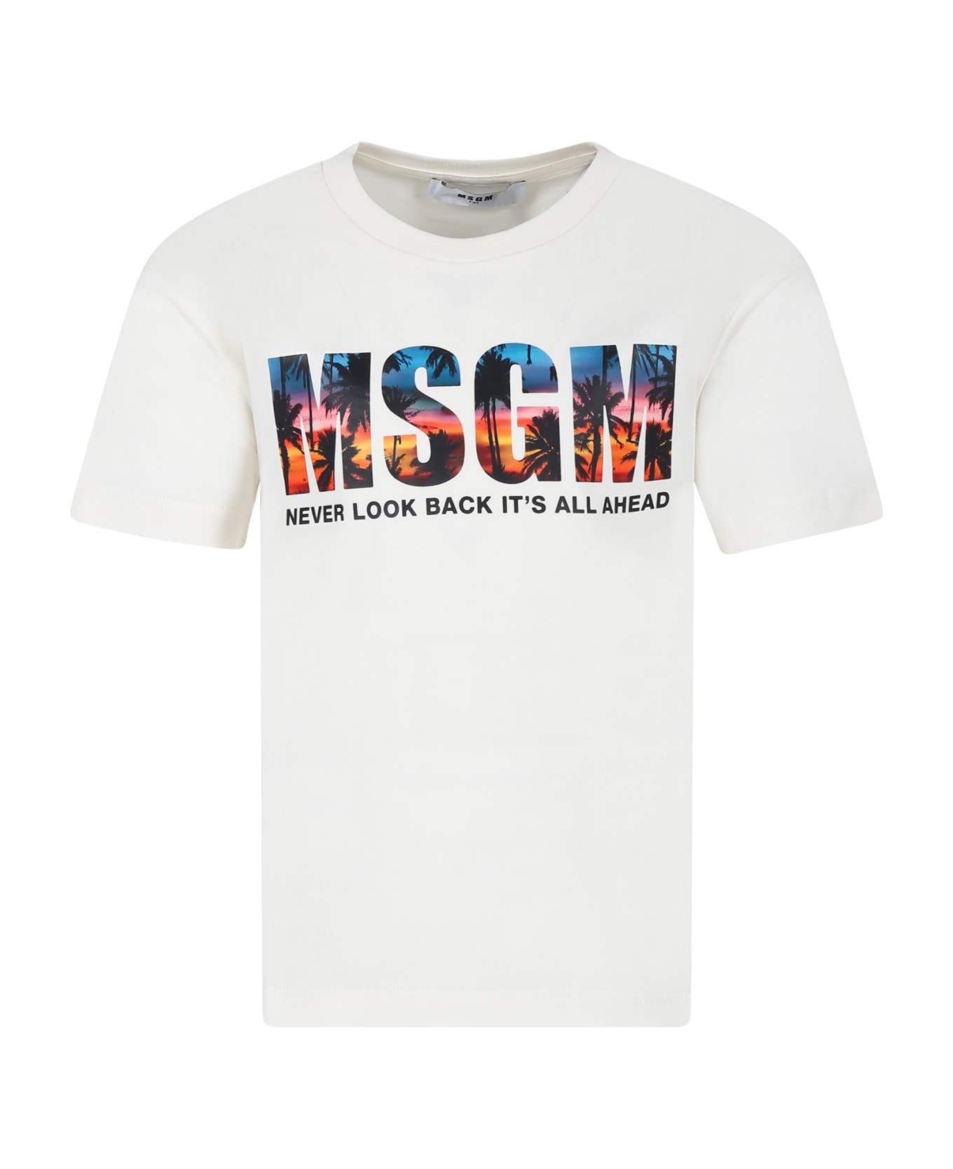 MSGM Ivory T-shirt For Boy With Logo Et Palm Tree Print - Crema Tシャツ＆ポロシャツ