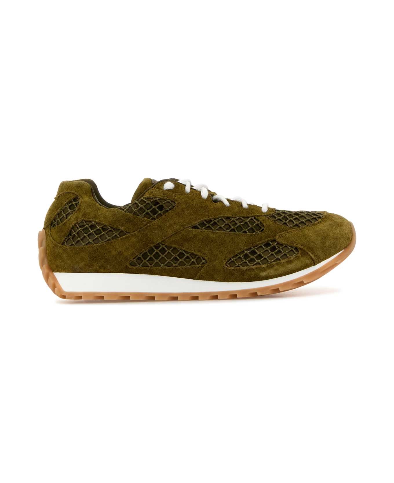 Bottega Veneta Army Green Mesh And Suede Orbit Sneakers - OLIVEOIL