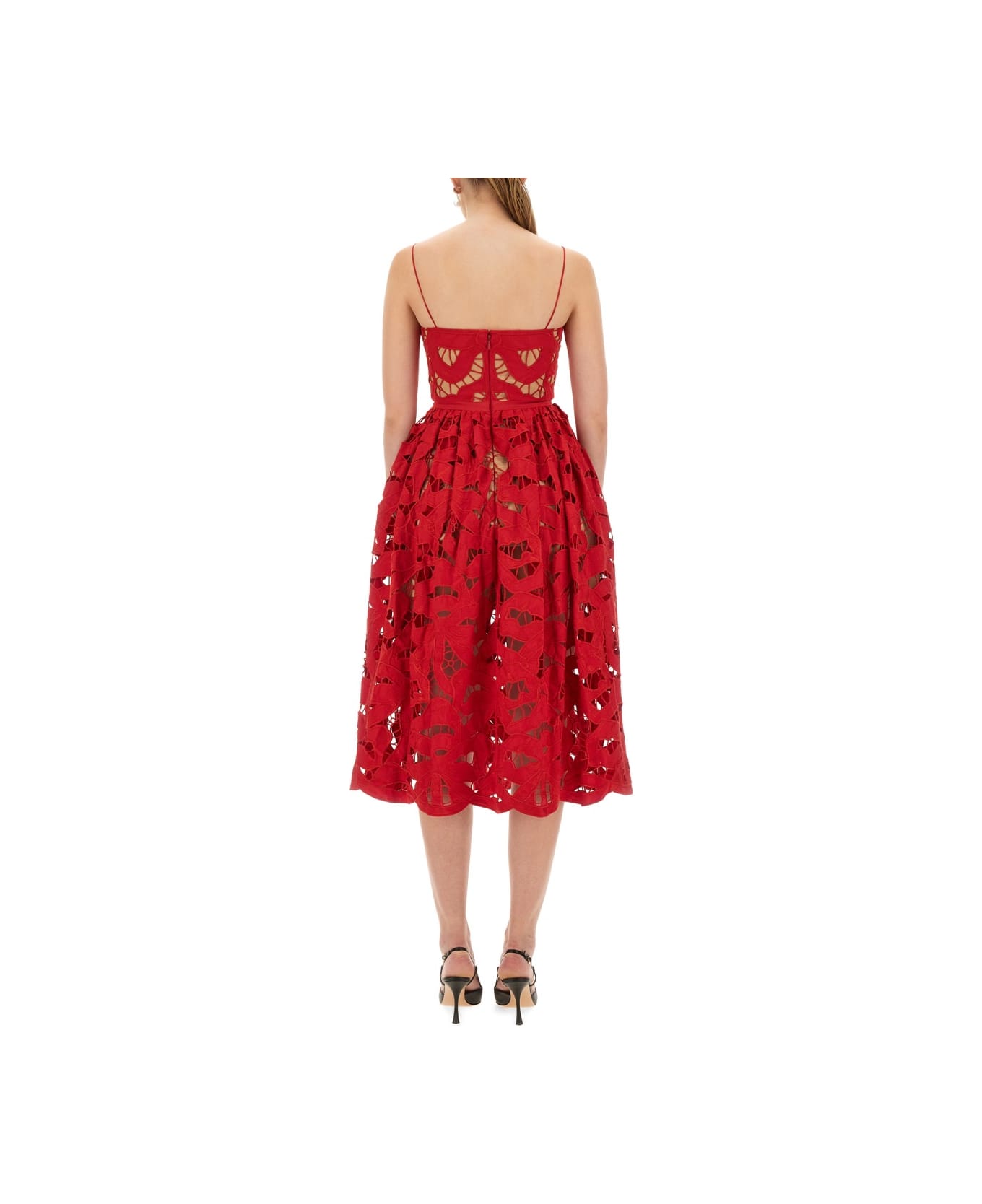 self-portrait Embroidered Midi Dress With Bow - RED