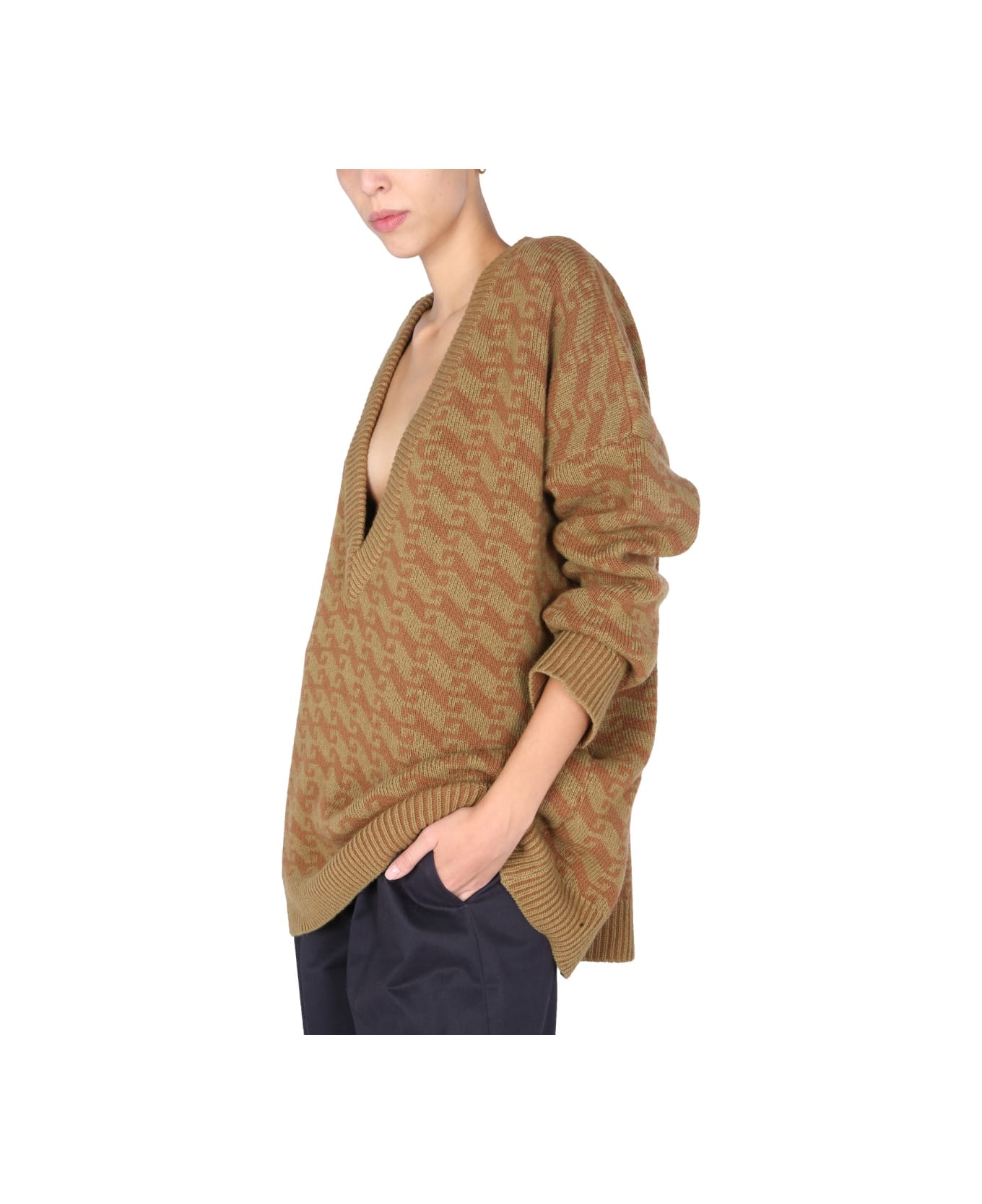 Jejia V-neck Jacquard Sweater - BROWN ニットウェア