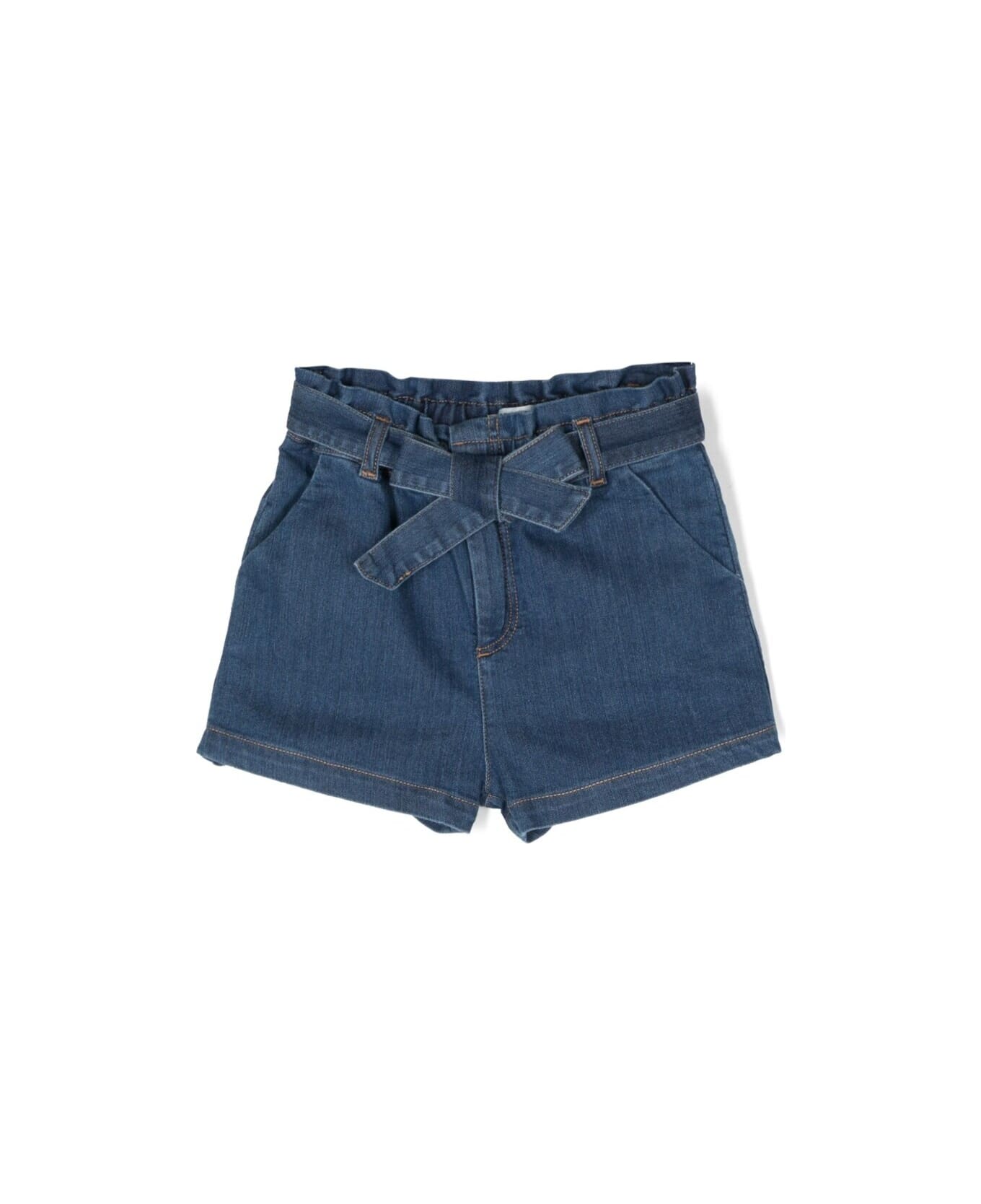 Emile Et Ida Blue Shorts With Matching Belt In Stretch Cotton Denim Girl - Blu