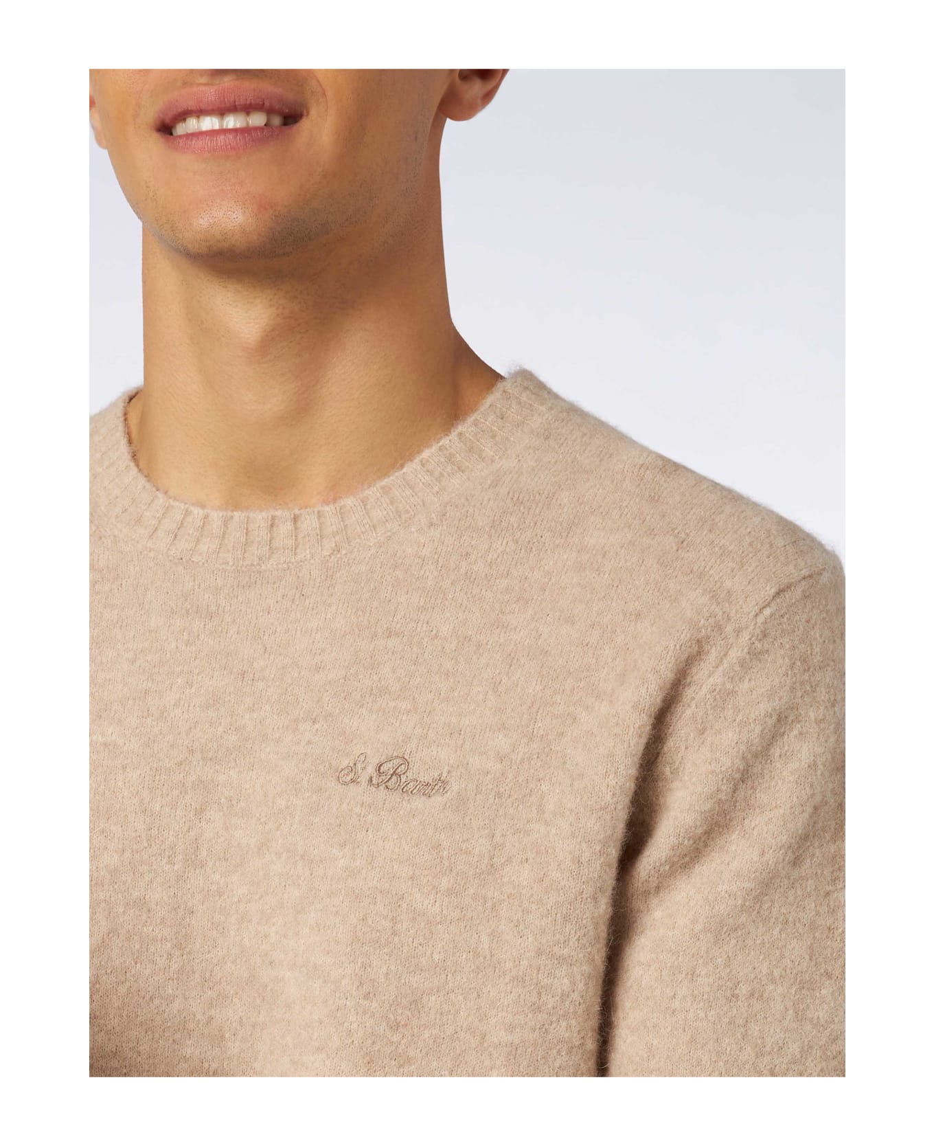 MC2 Saint Barth Man Beige Stretch Alpaca Sweater With St. Barth Embroidery - BEIGE