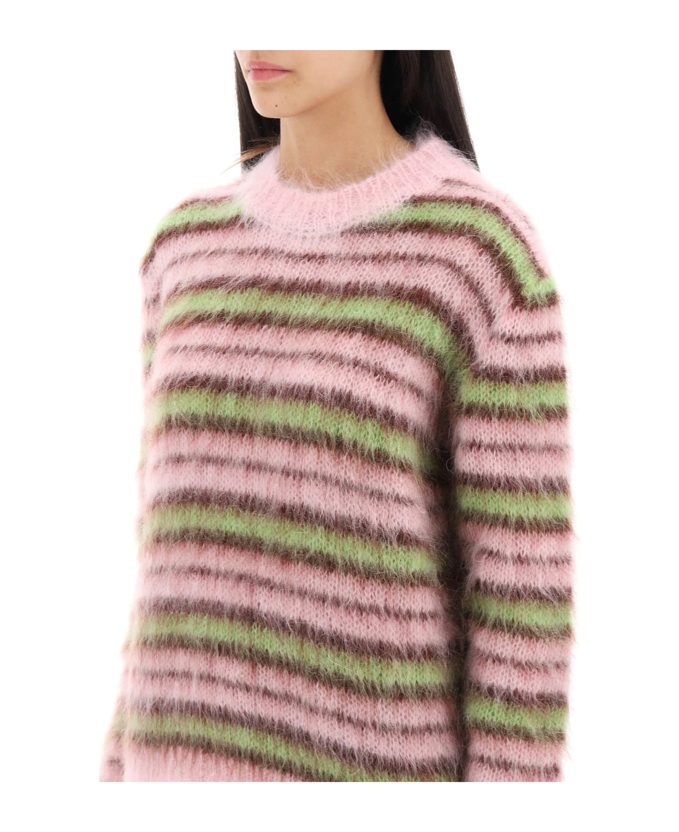 Marni Sweater In Brushed Mohair With Striped Motif - Pink