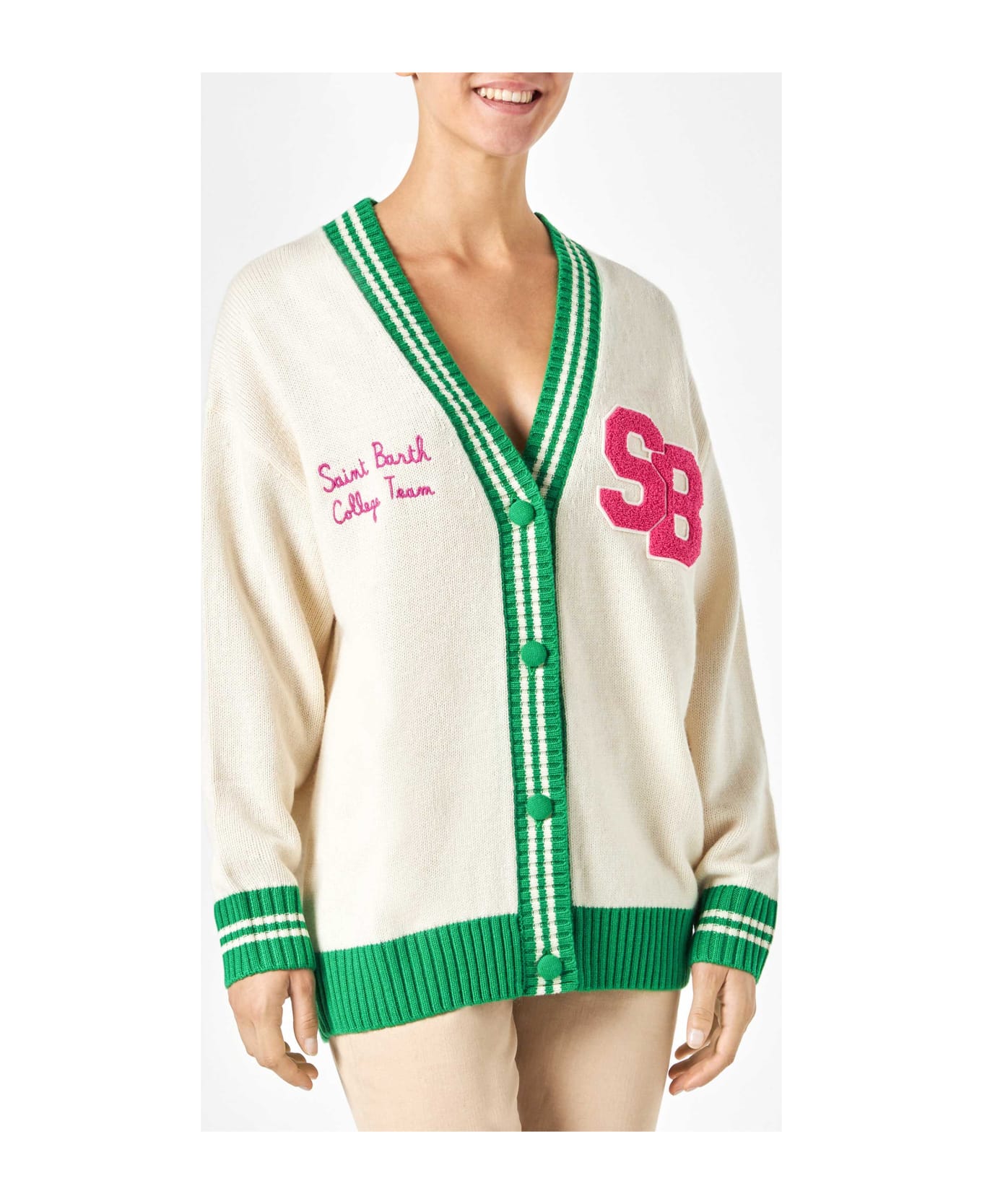 MC2 Saint Barth Woman White Cardigan With Embroidery - GREEN
