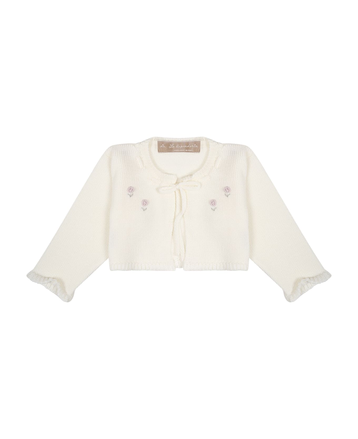 La stupenderia White Cardigan For Baby Girl With Flower - White