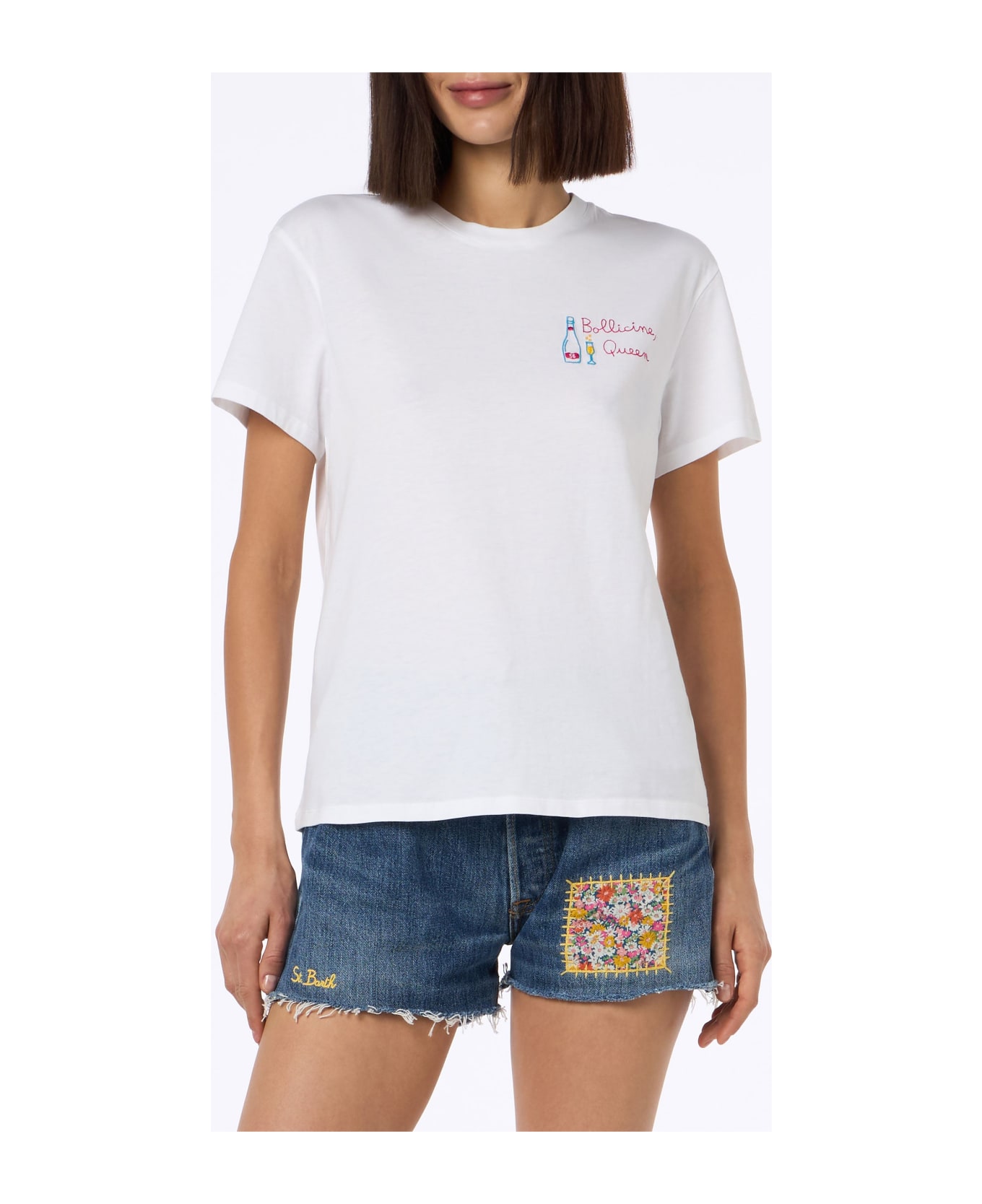 MC2 Saint Barth Woman White Cotton Jersey Crewneck T-shirt Emilie With Bollicine Queen Embroidery - WHITE
