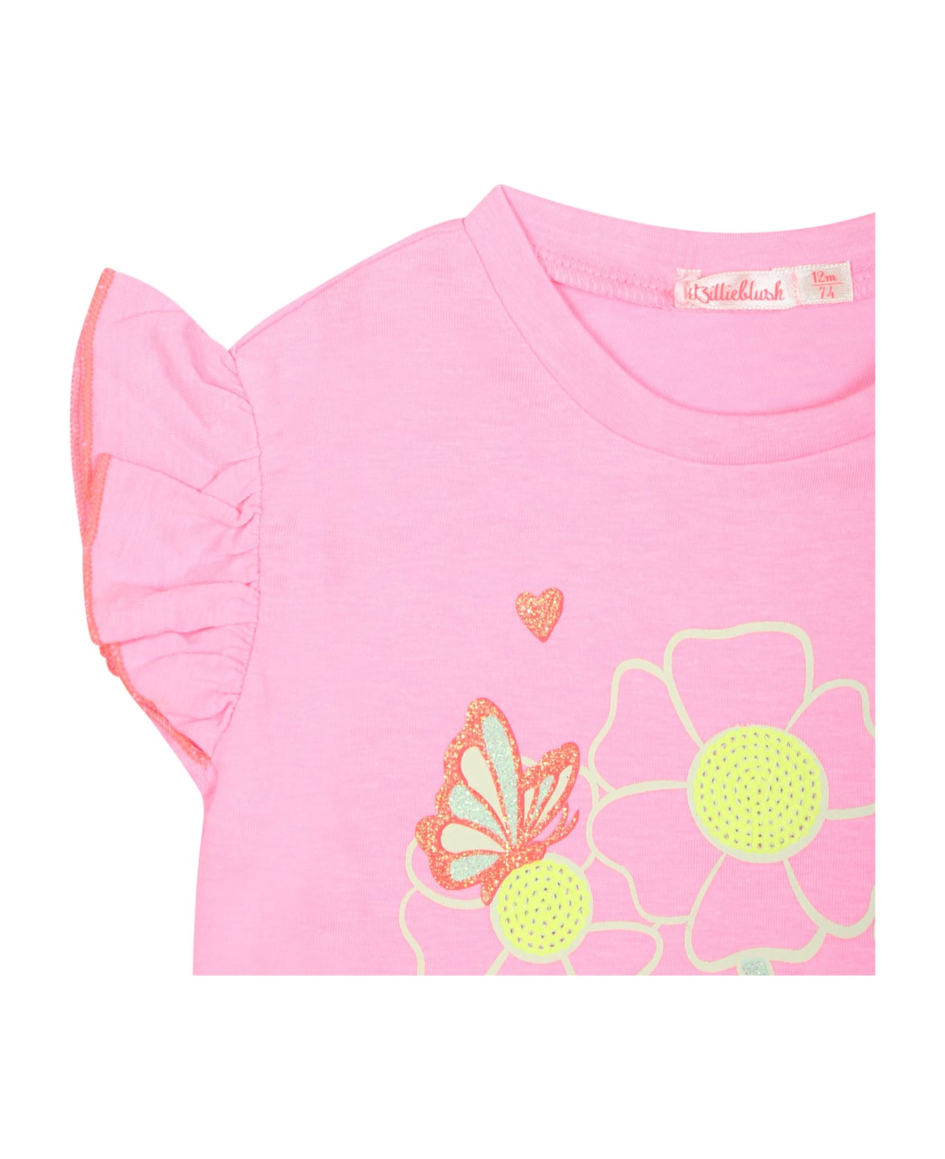 Billieblush Fuchsia T-shirt For Baby Girl With Ruffles And Multicolored Print - Fuchsia