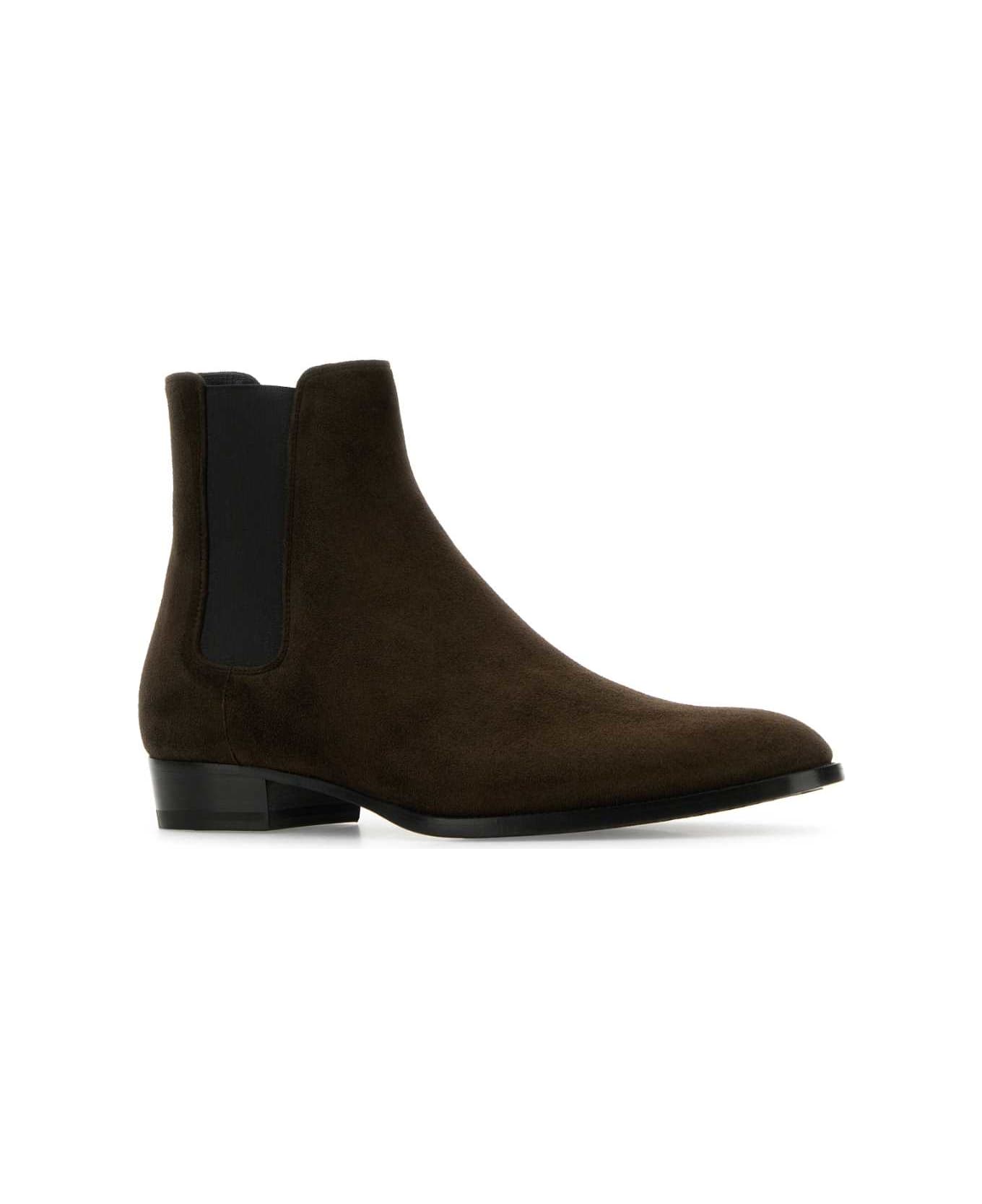 Saint Laurent Dark Brown Suede Wyatt Ankle Boots - TMORO