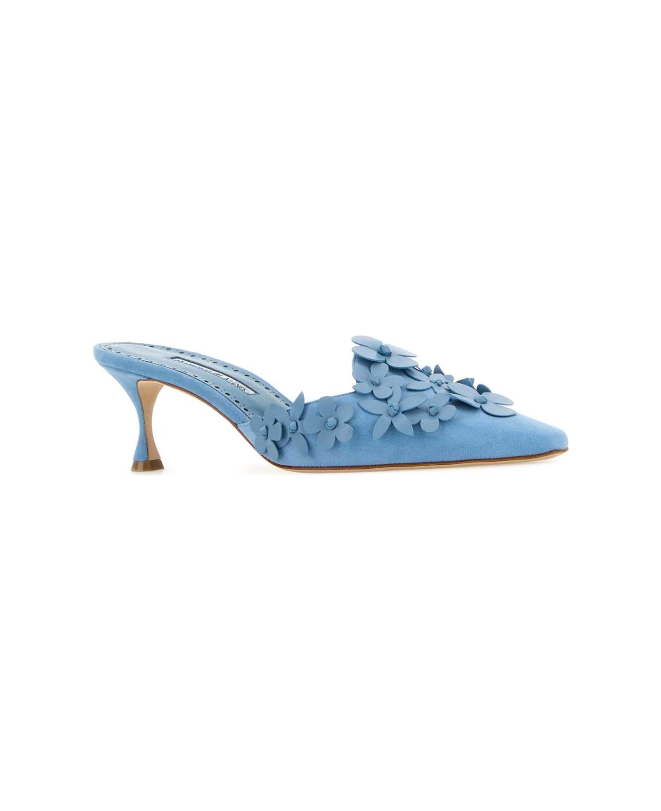 Manolo Blahnik Light Blue Suede Harnes Mules - MBLU