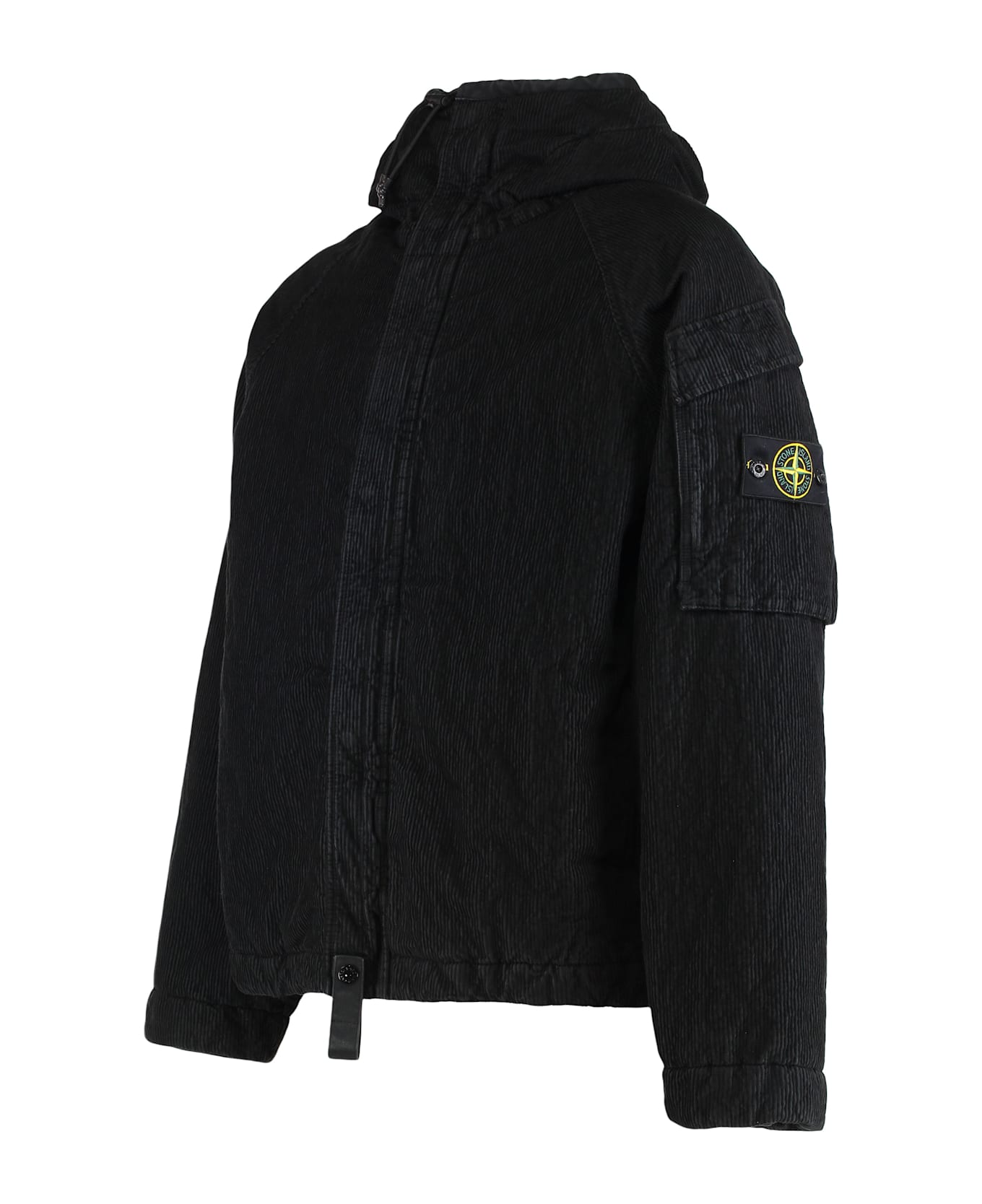 Stone Island Hooded Jacket In Corduroy - black