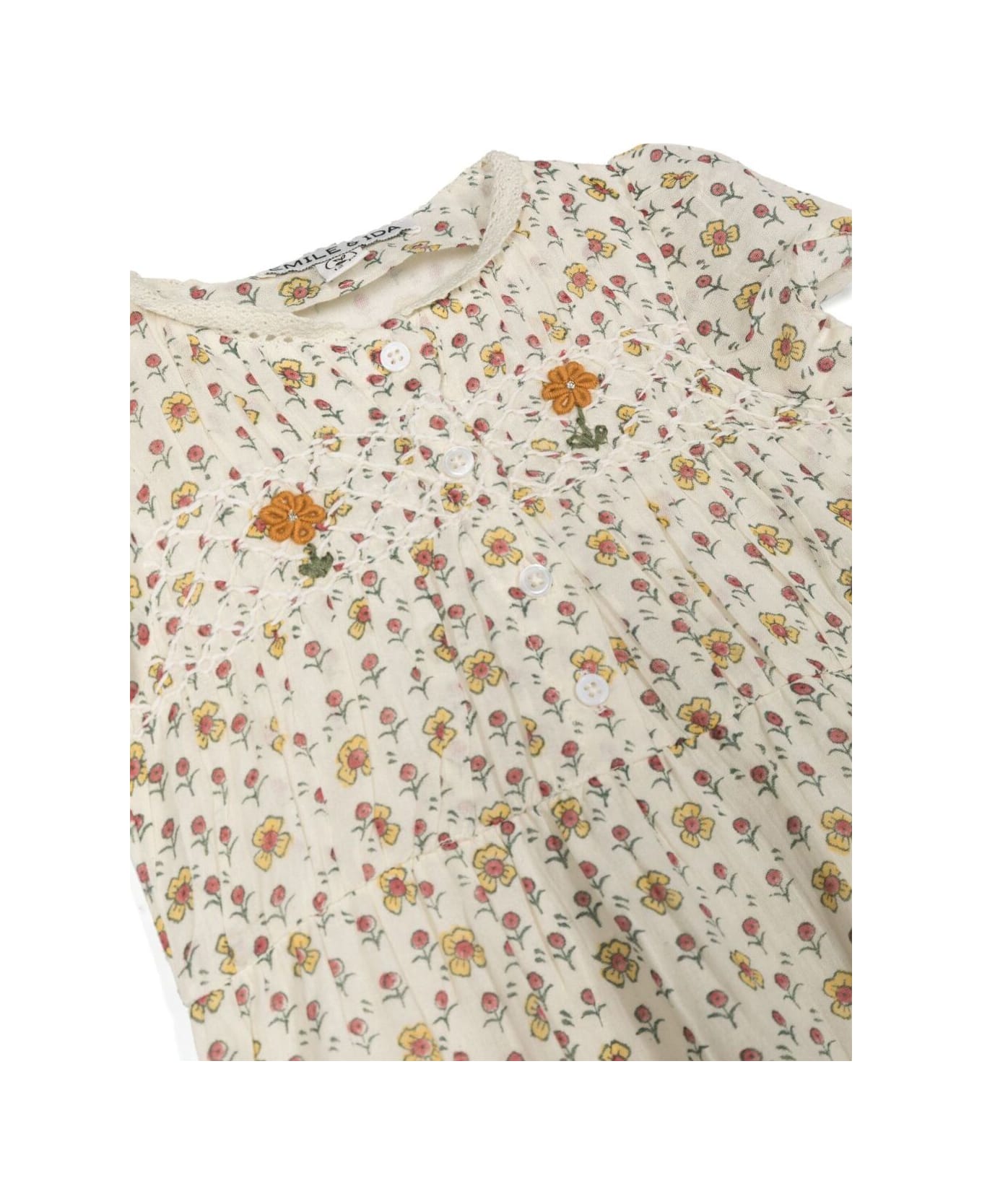 Emile Et Ida Multicolor Onesie With Floreal Print And Daisy Embroidery In Cotton Baby - Beige ボディスーツ＆セットアップ