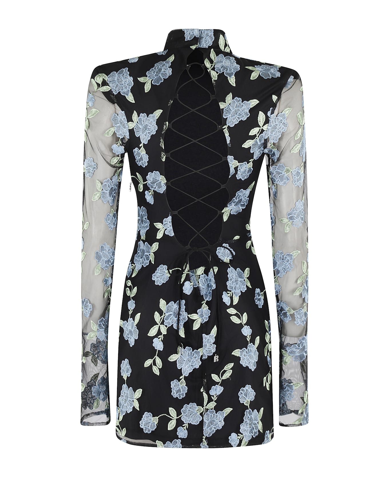 Rotate by Birger Christensen Mini Dress With Semi Sheer Sleeves And All-over Floral Motif In Tech Fabric - Black Comb
