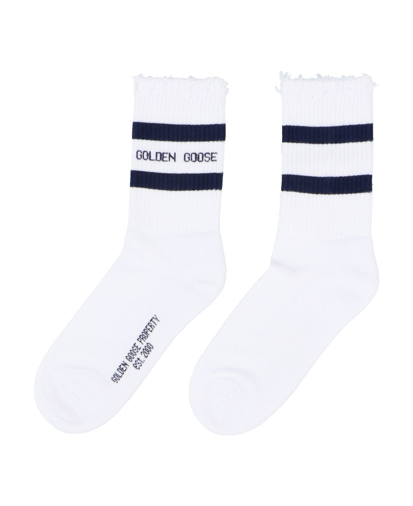 Golden Goose Logo Printed Striped Socks - OLD WHITE/ NAVY AAA
