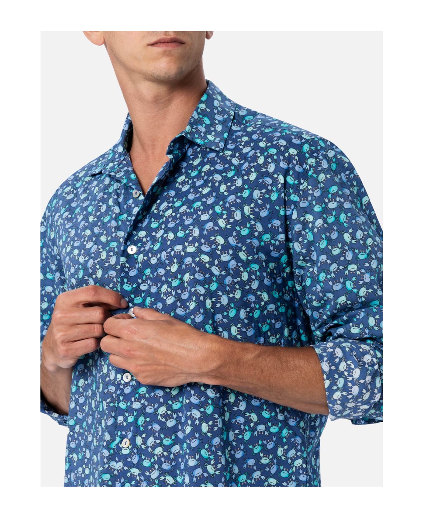 MC2 Saint Barth Man Muslin Cotton Shirt Sikelia With Crabs Print - BLUE