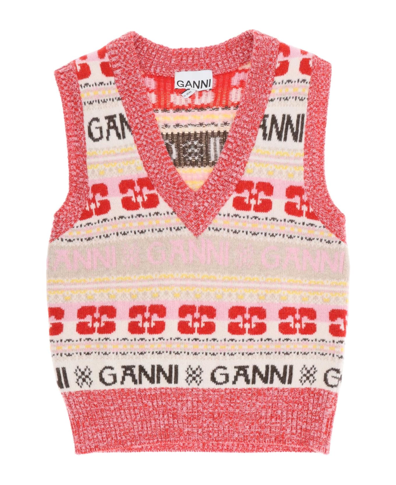 Ganni Vest In Jacquard Knit With Graphic Logo Motif - Red