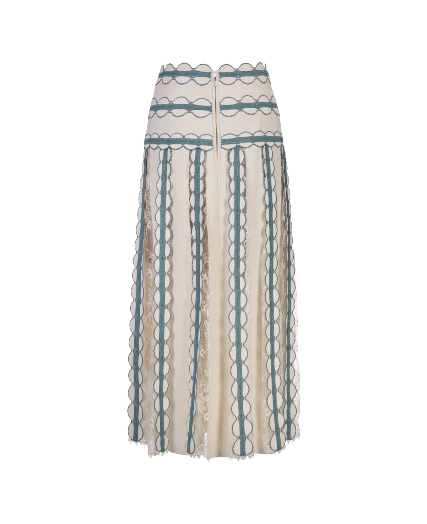 Elie Saab Knit And Lace Midi Skirt In White And Blue Gin - White