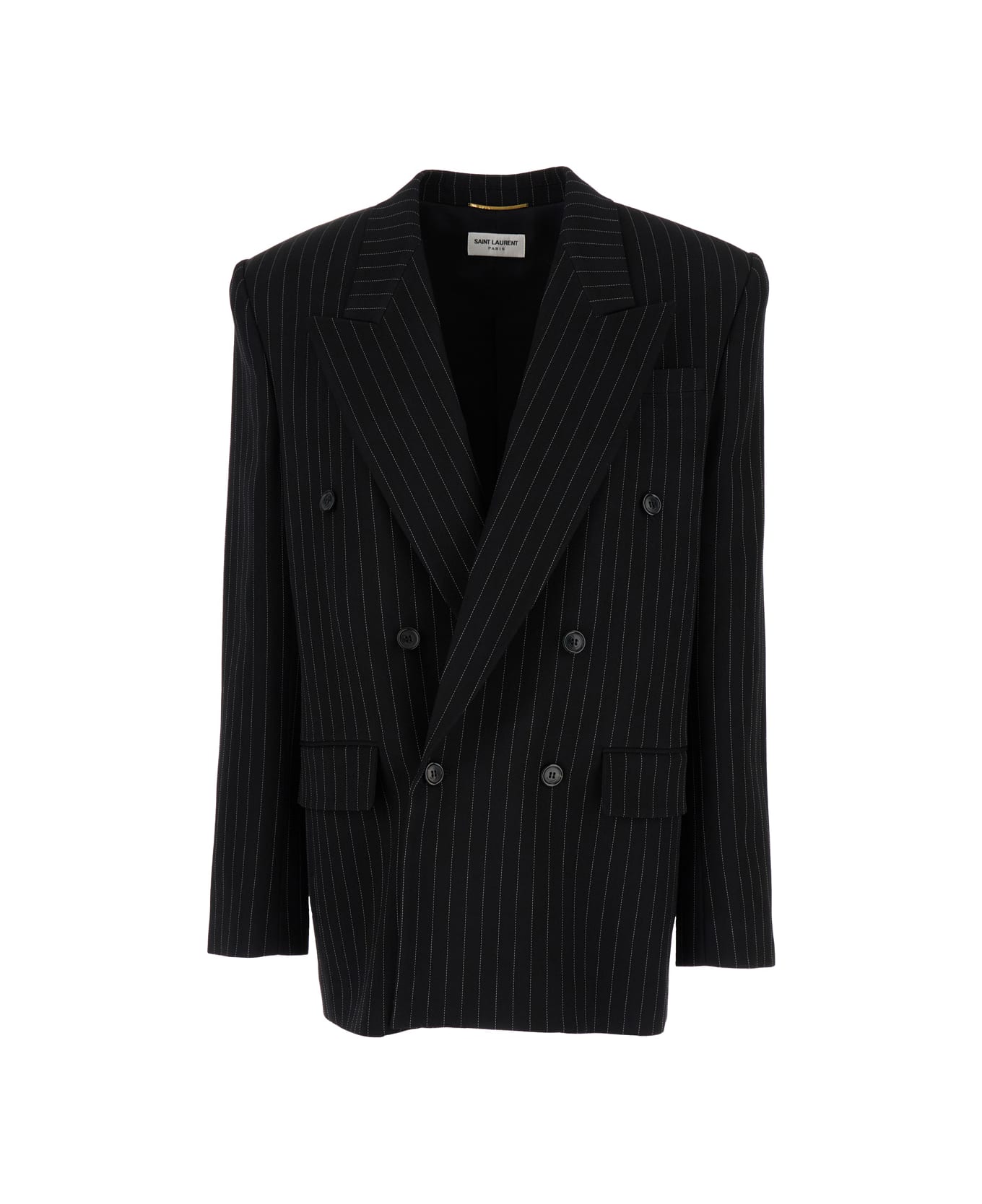 Saint Laurent Black Double-breast Pinstripes Jacket In Cotton Woman - Black