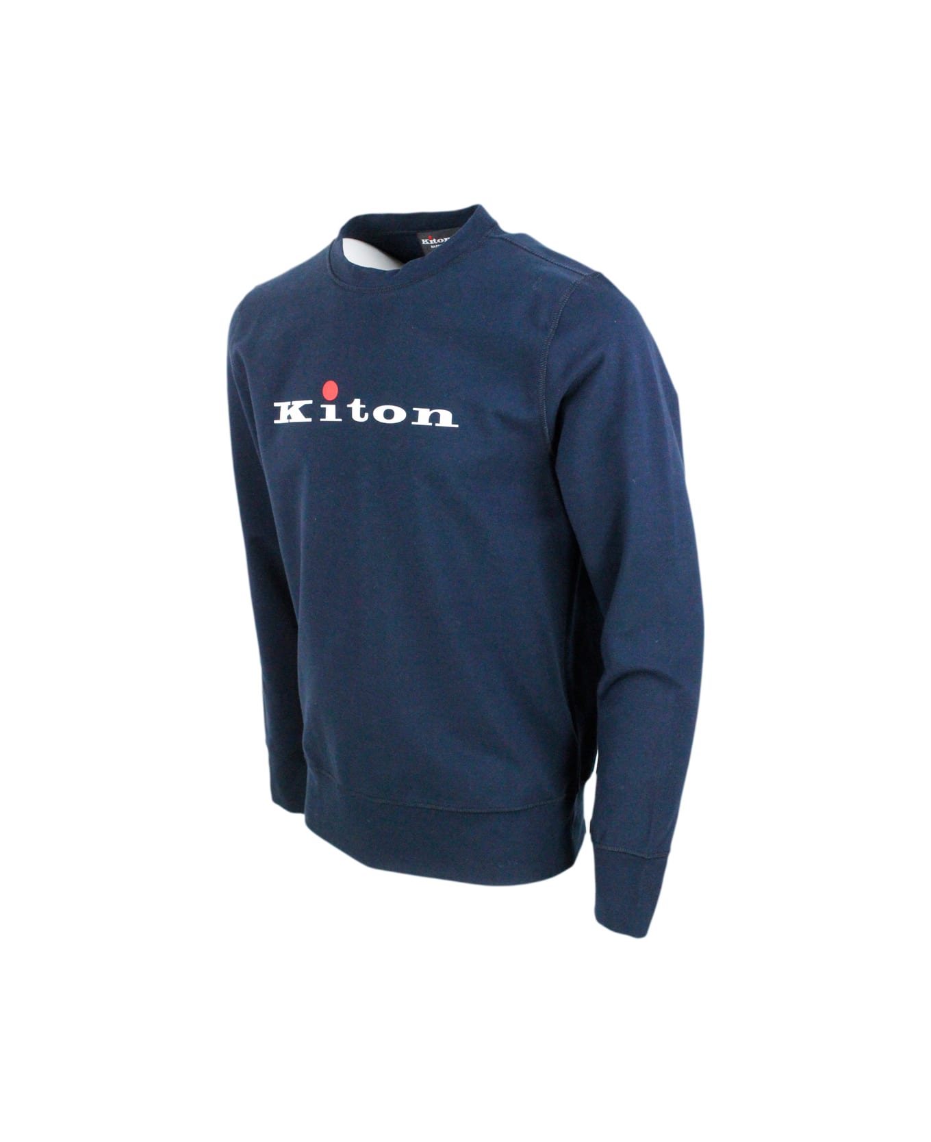 Kiton Crewneck Sweatshirt In Soft And Fine Long-sleeved Stretch Cotton With Logo Lettering On The Front - Blu