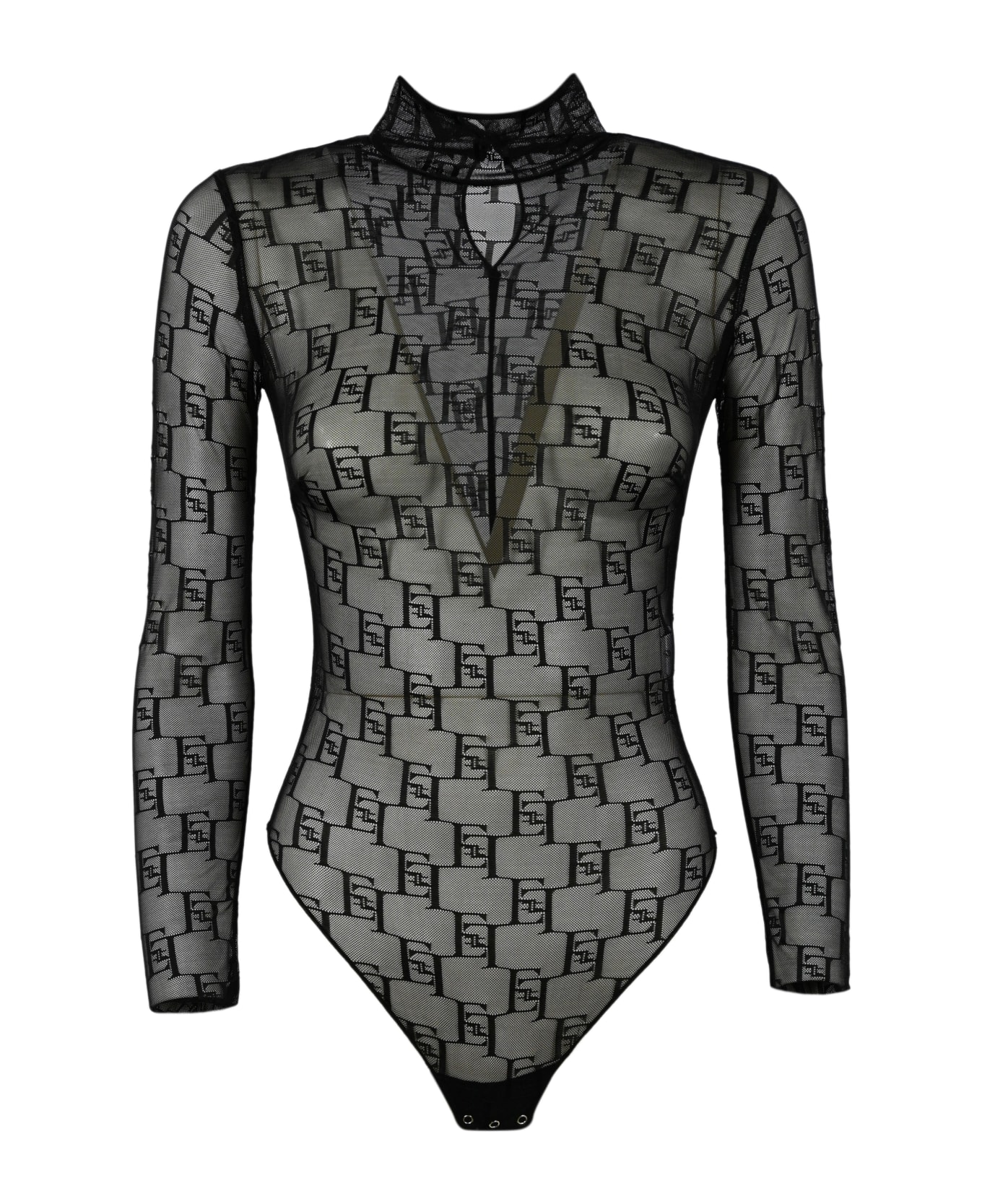 Elisabetta Franchi Logoed Tulle Bodysuit - Nero