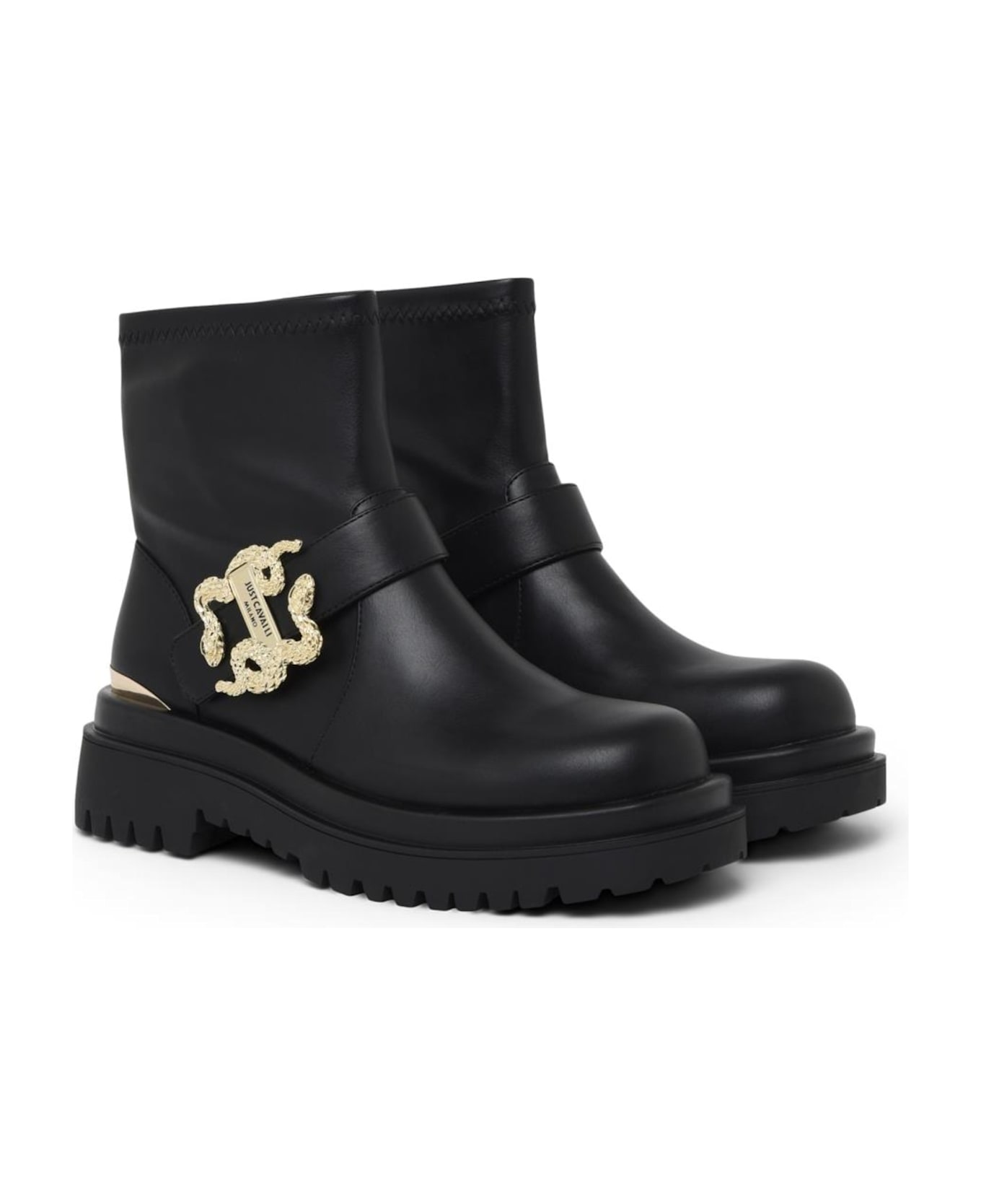 Just Cavalli Low Boots With Gold Buckle - Black