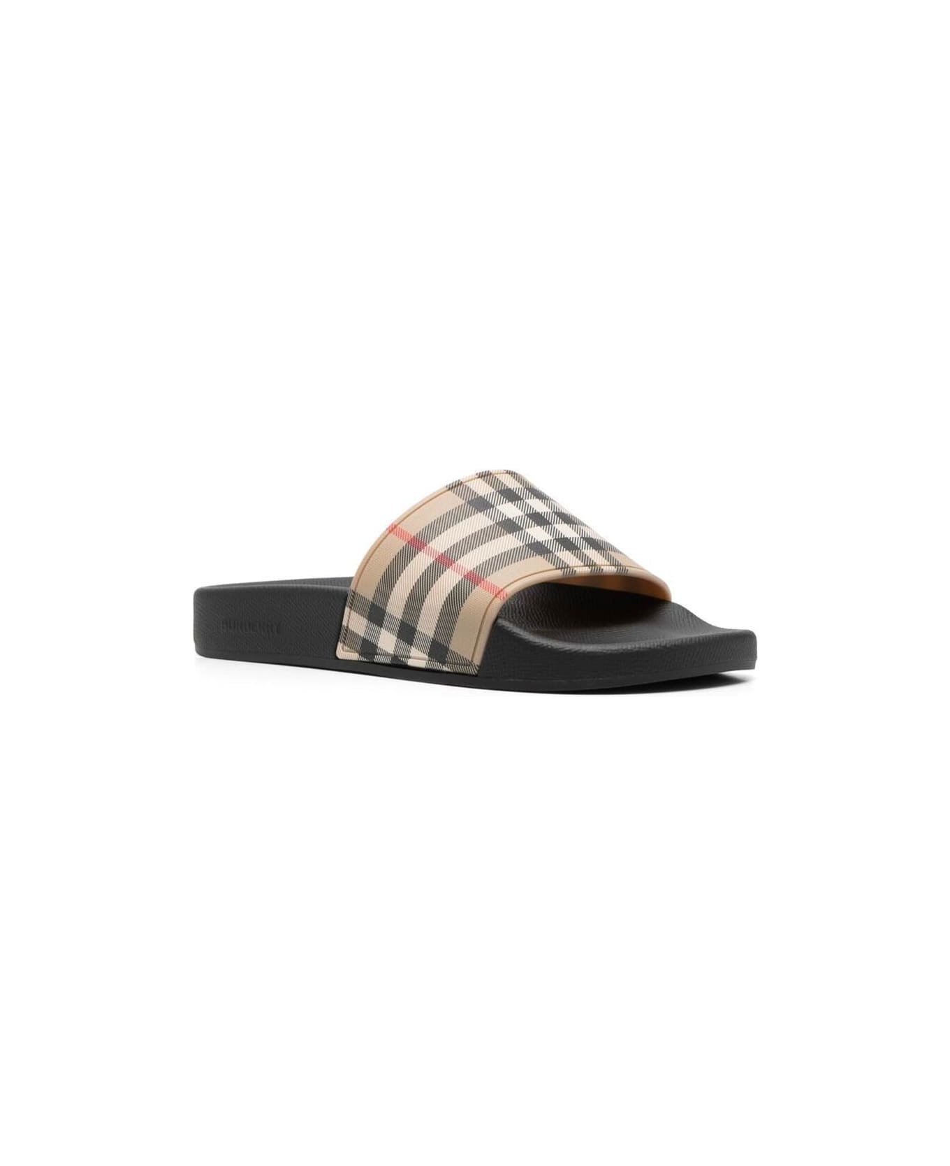 Burberry Brown Slides Sandals With Vintage Check Motif In Polyurethane - Beige