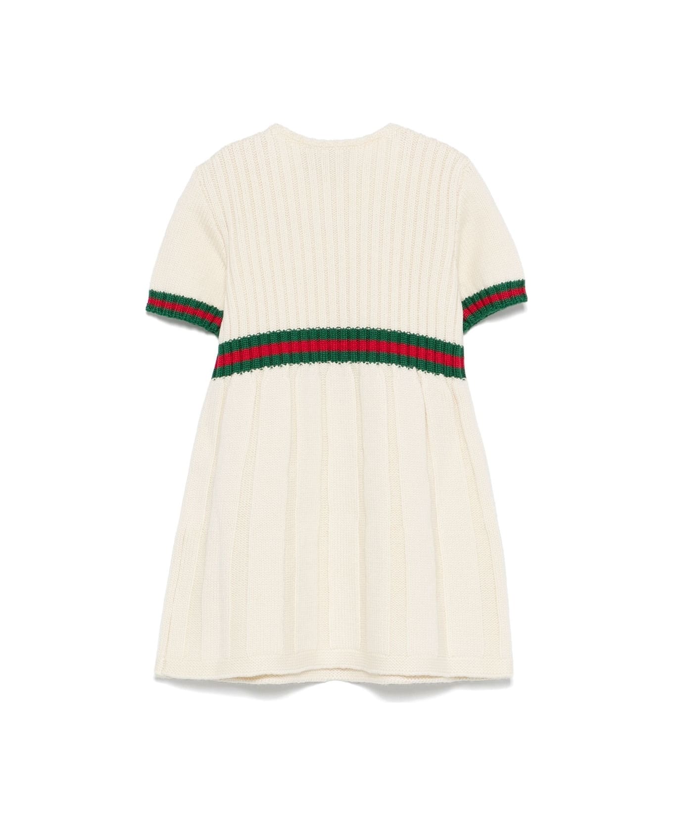 Gucci White Pleated Wool Dress With Web Ribbon - White