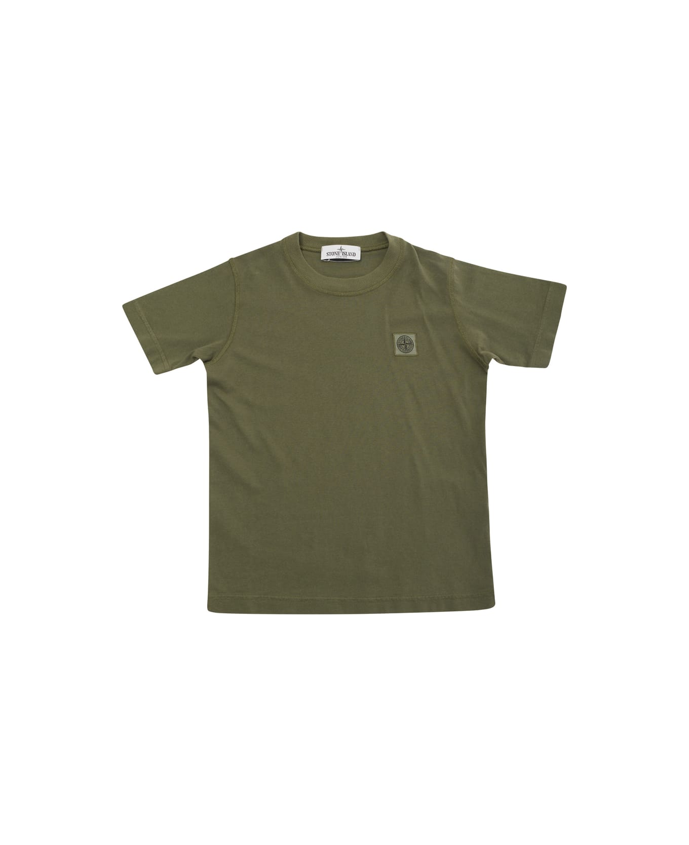 Stone Island Junior Green Crewneck T-shirt With Logo Patch In Cotton Boy - Green Tシャツ＆ポロシャツ