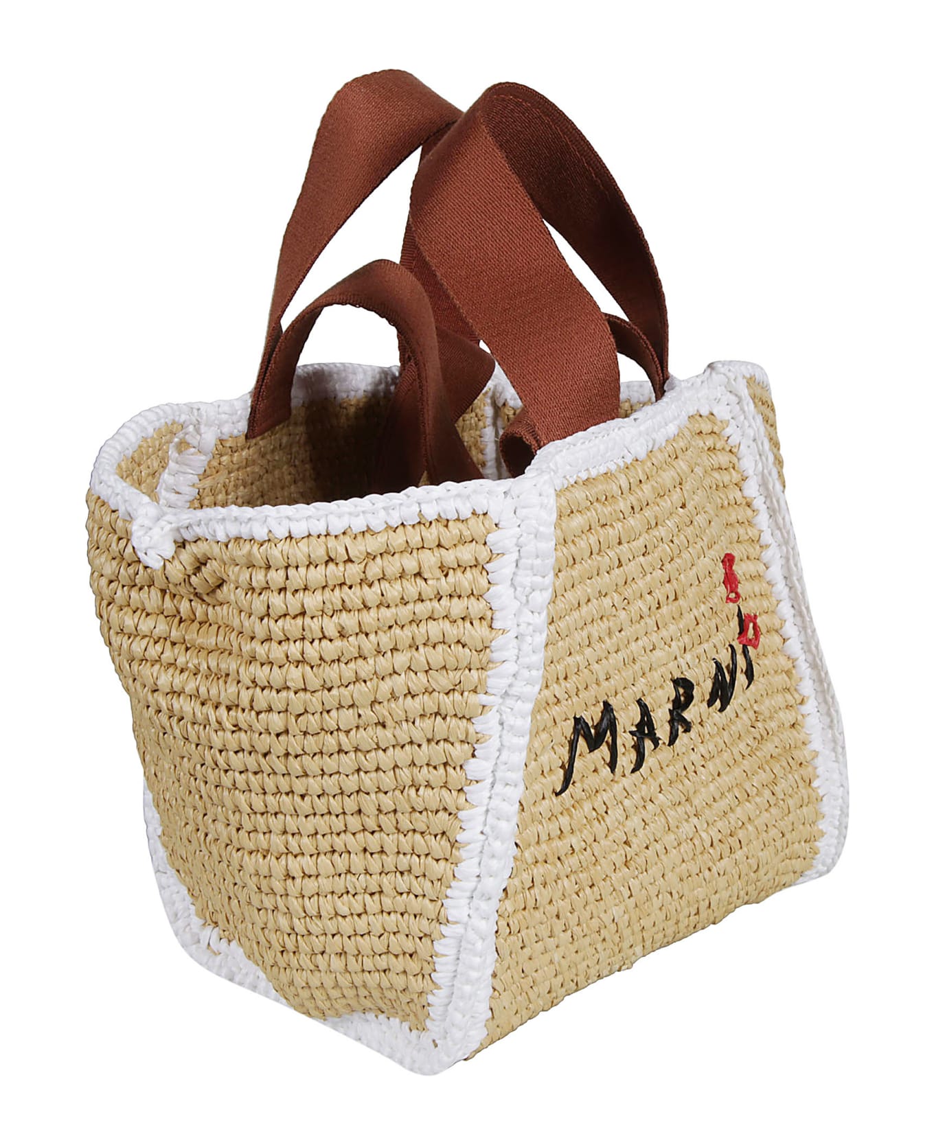 Marni Logo Embroidered Woven Top Handle Tote - White