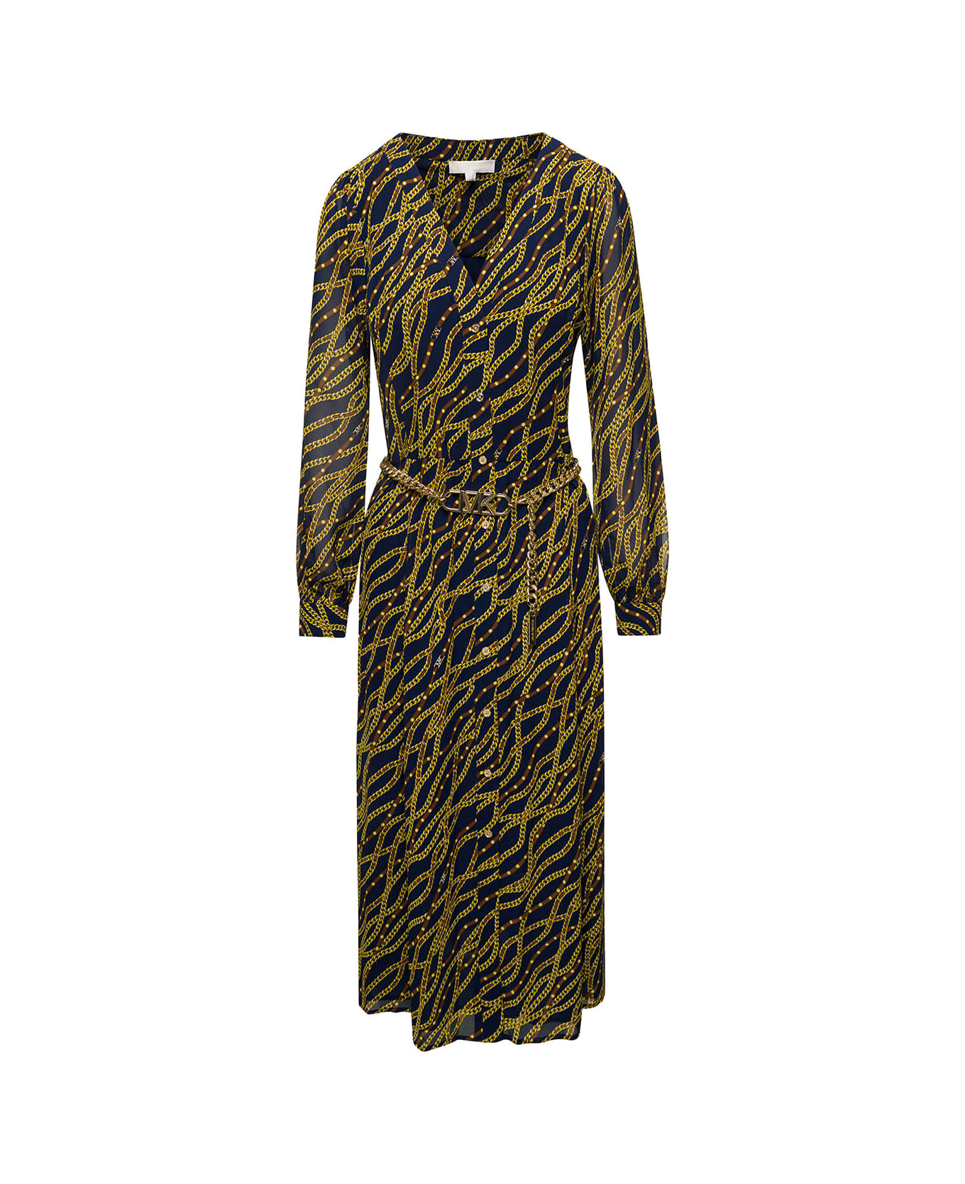 MICHAEL Michael Kors Black And Gold-tone Midi Shirt Dess With Chain Print All-over In Polyester Woman - Multicolor
