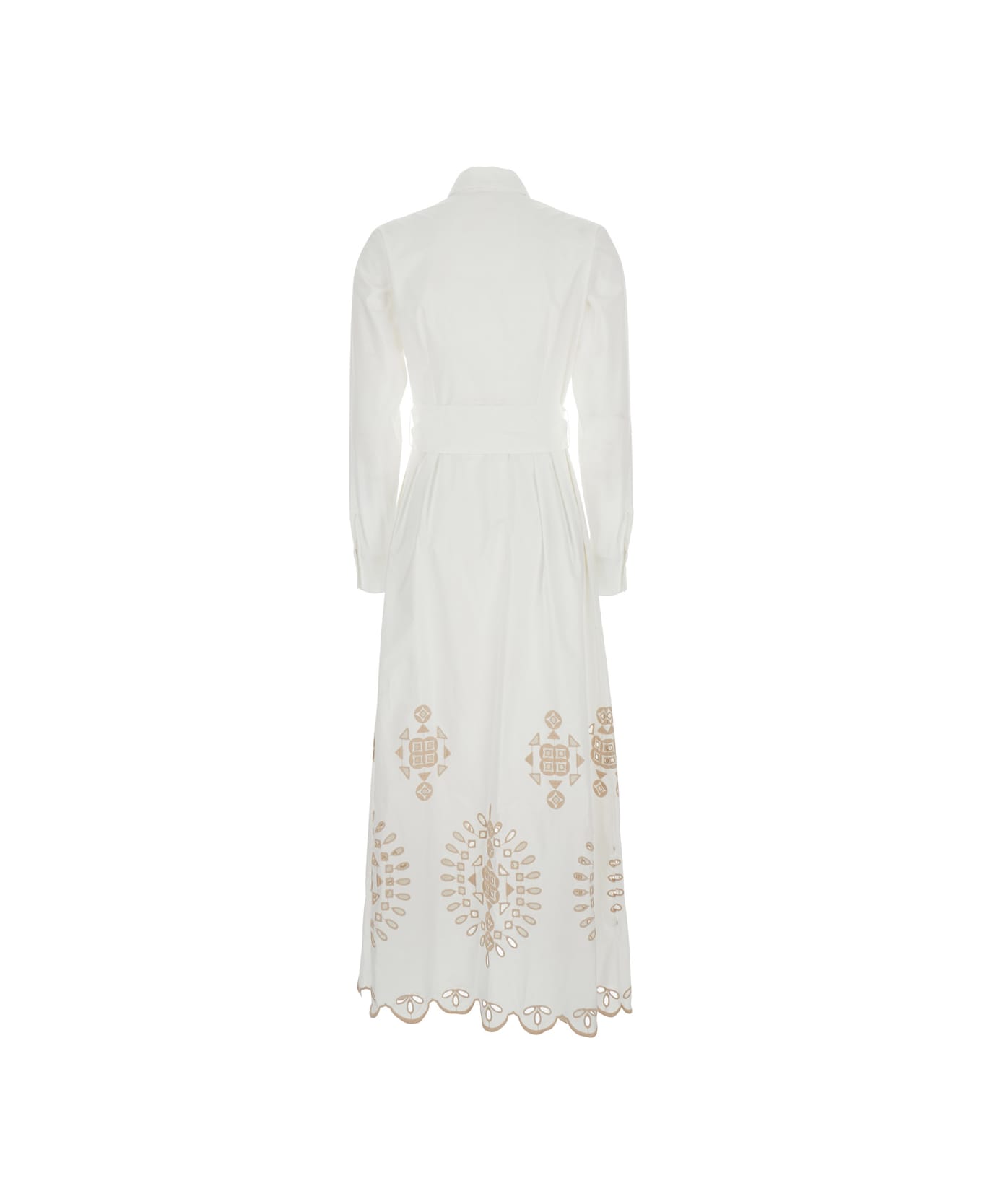 Eleventy White Long Dress With Pointed Collar And Removable Waist Belt In Cotton Woman - Multicolor