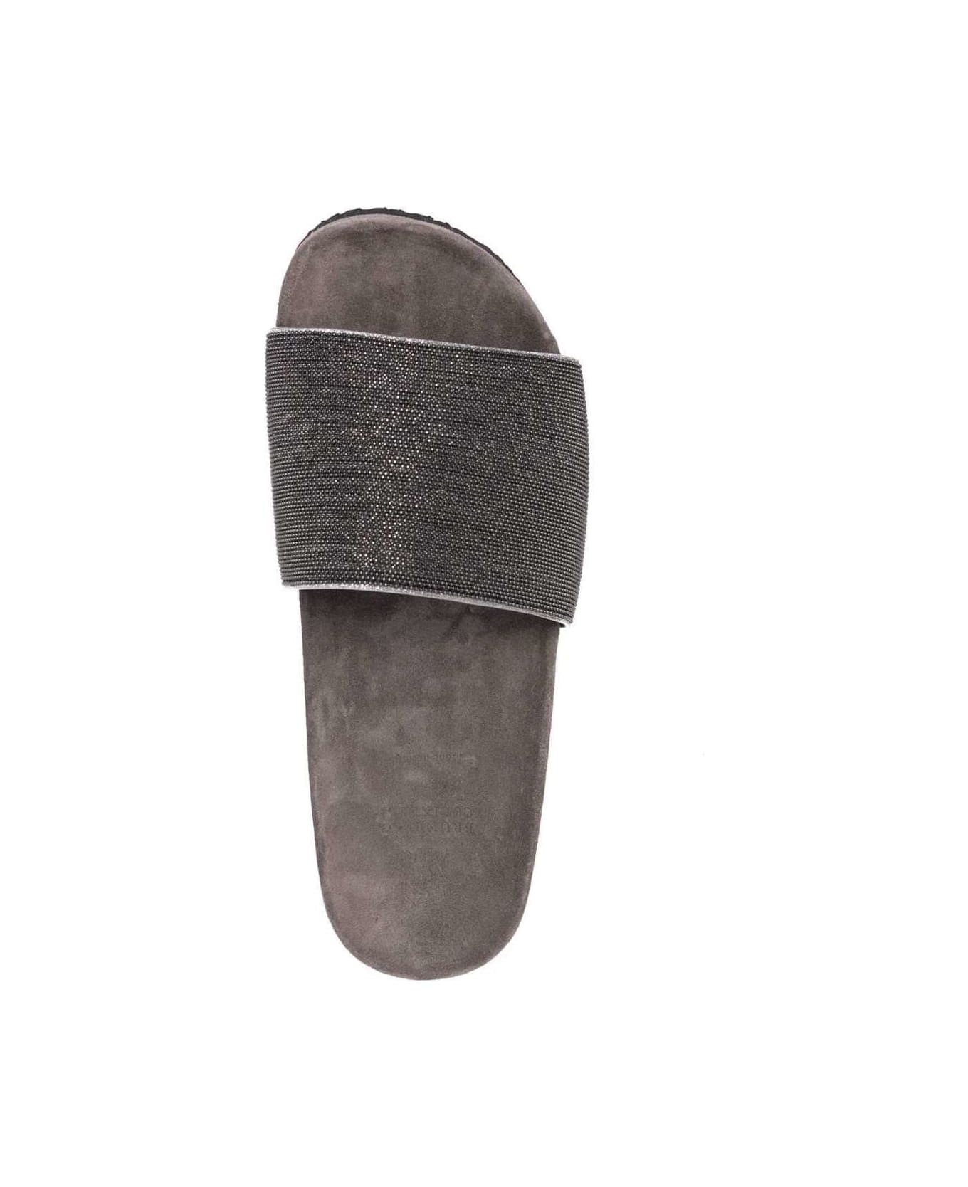Brunello Cucinelli Grey Suede Slide Sandals With Monile Detail Brunello Cucinelli Woman - Grey