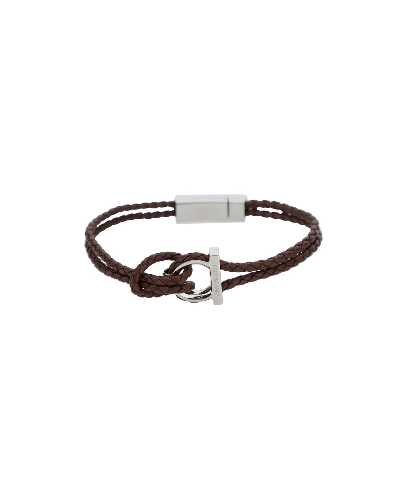Ferragamo Brown Bracelet With Gancini Buckle In Braided Leather Man - Brown