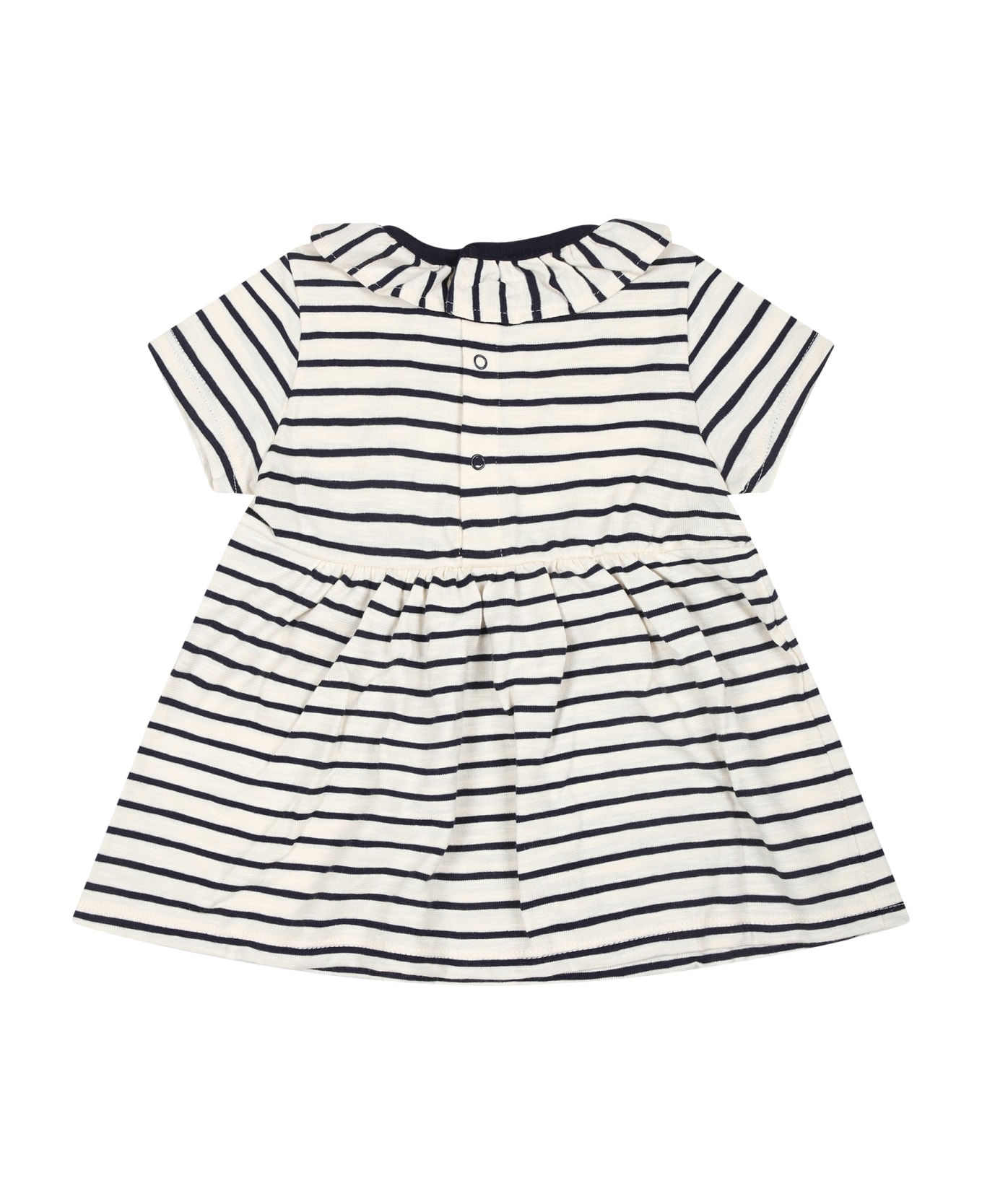 Petit Bateau Ivory Dress For Baby Girl With Blue Stripes - White