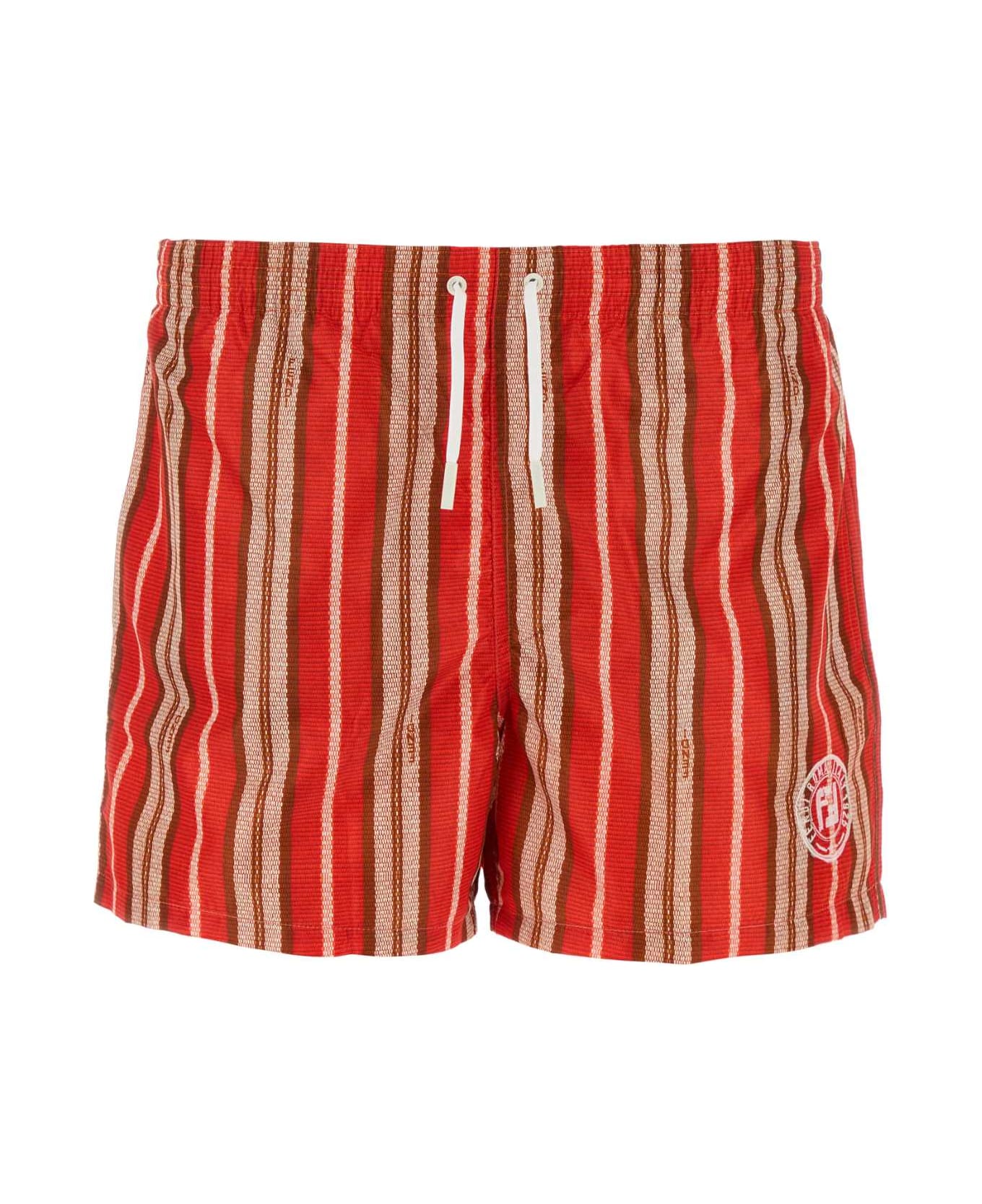 Fendi Printed Stretch Nylon Swimming Shorts - CORAL+NATURAL