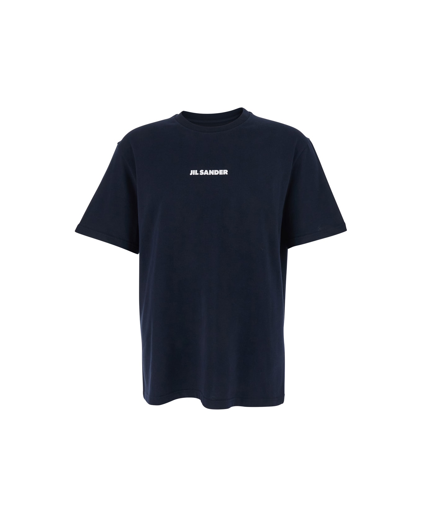 Jil Sander Blue Crewneck T-shirt With Logo Lettering On The Front In Cotton Man - Blu