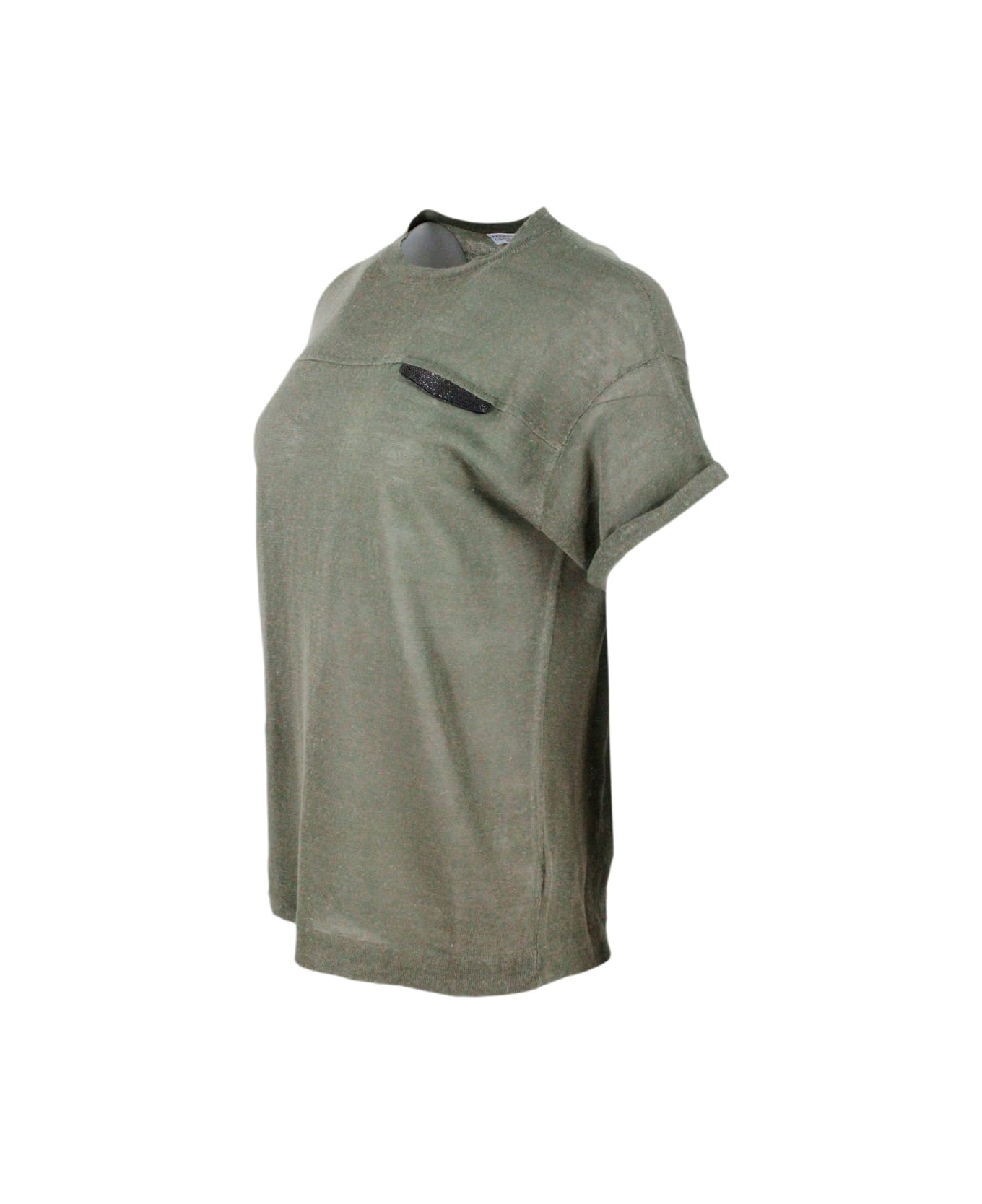 Brunello Cucinelli Short-sleeved Crew-neck Linen Sweater Embellished With Monili Detail On The Chest - Military