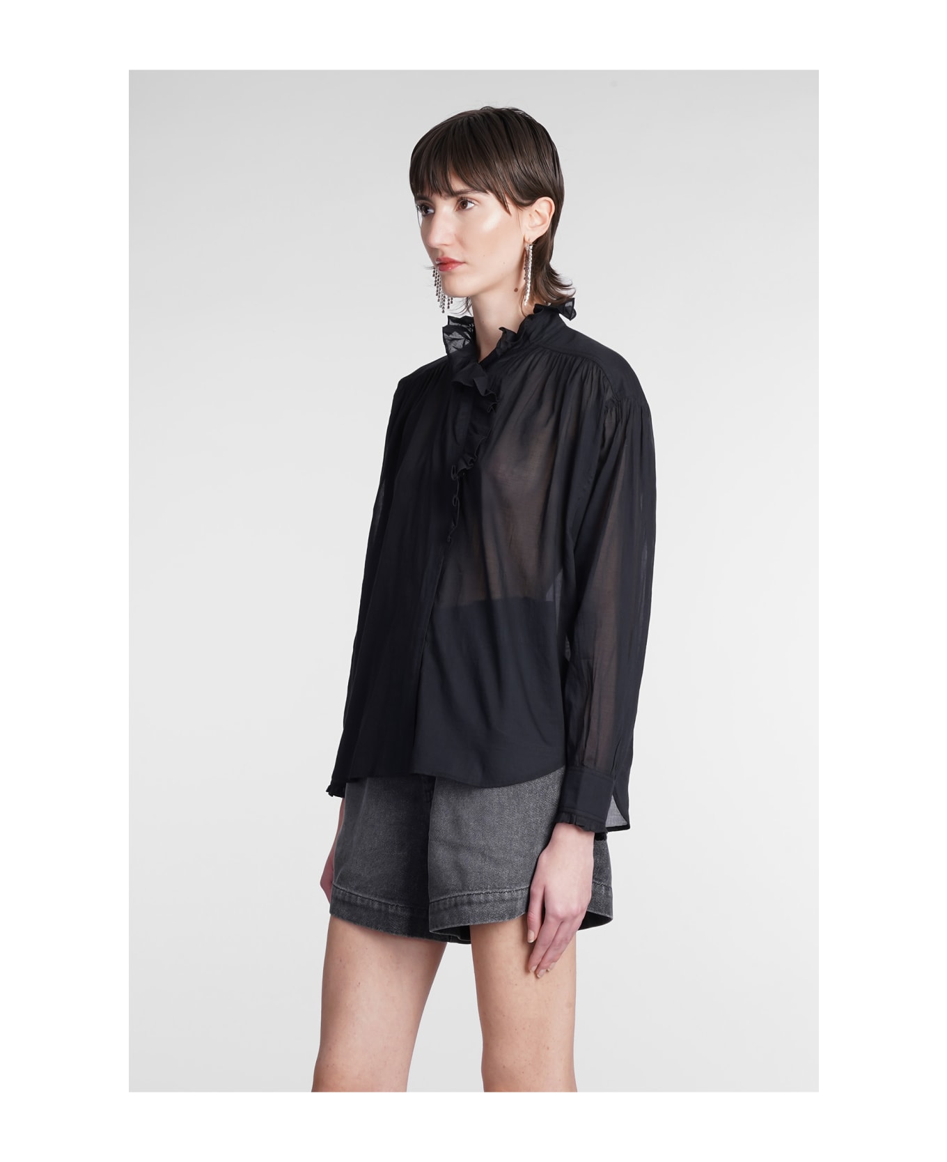 Marant Étoile Relaxed Blouse With Volant In Semi-sheer Cotton - Bk Black