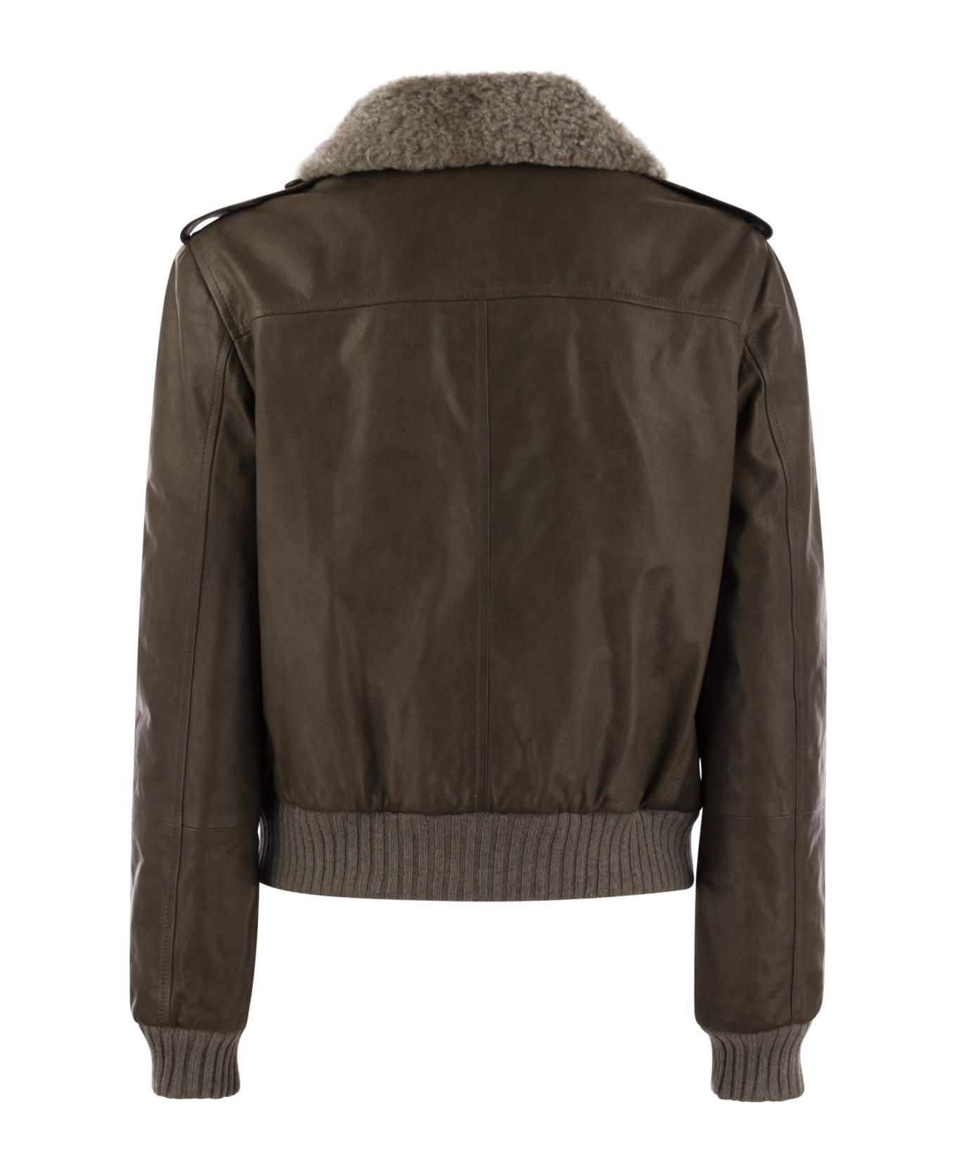 Brunello Cucinelli Leather Bomber Jacket And Shearling Collar - Brown