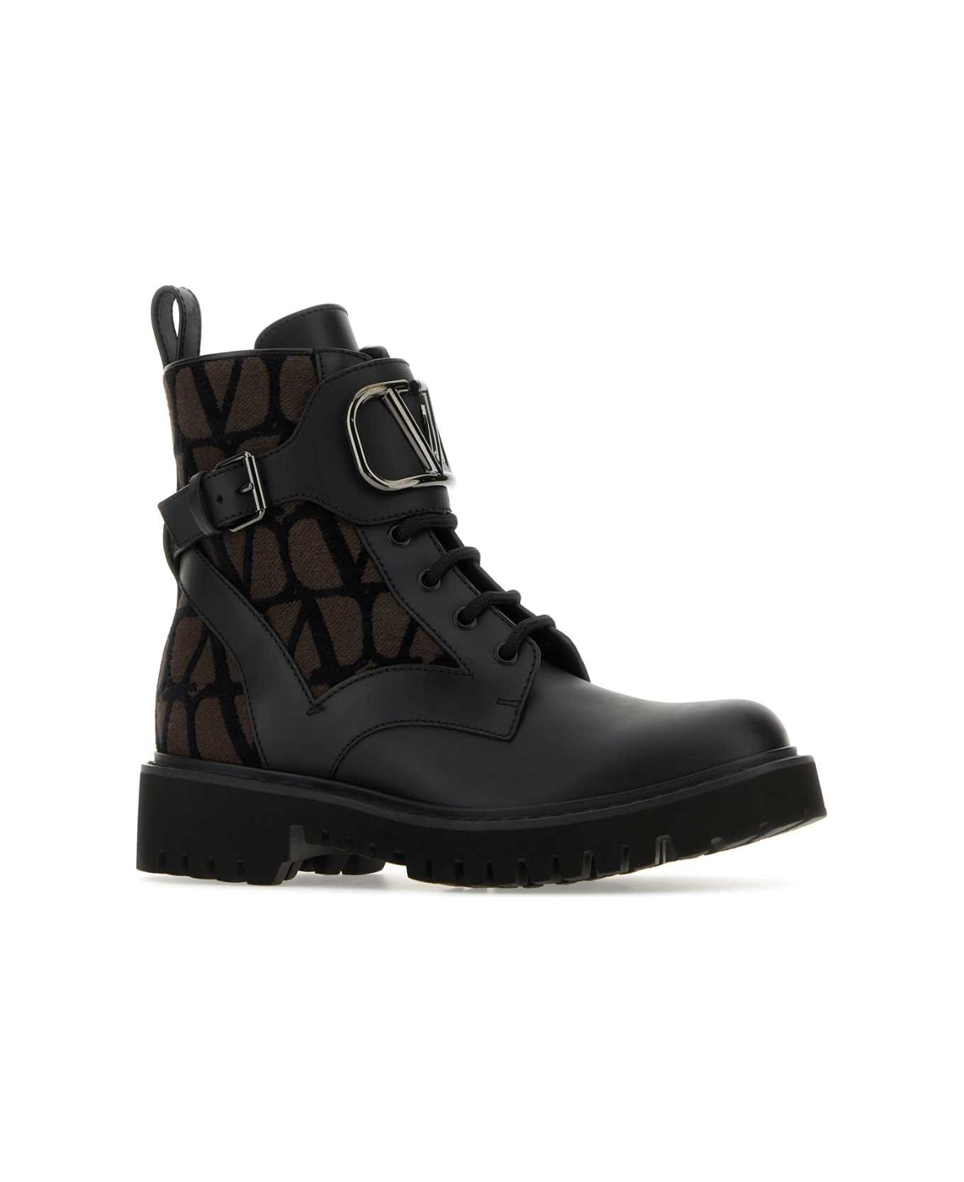 Valentino Garavani Two-tone Leather And Toile Iconographe Logo Combat Ankle Boots - FONNER