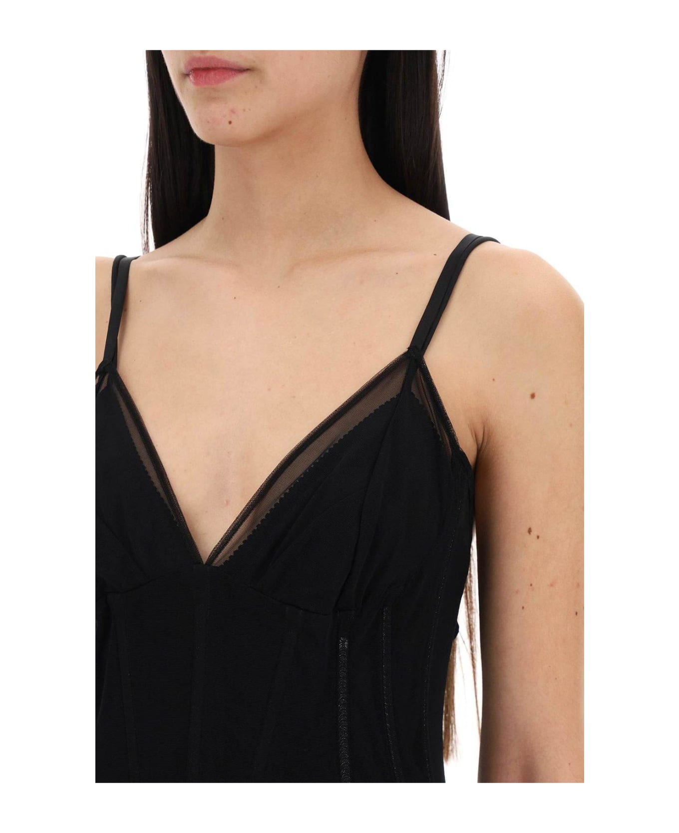 Dolce & Gabbana V-neck Tulle Maxi Dress - BLACK